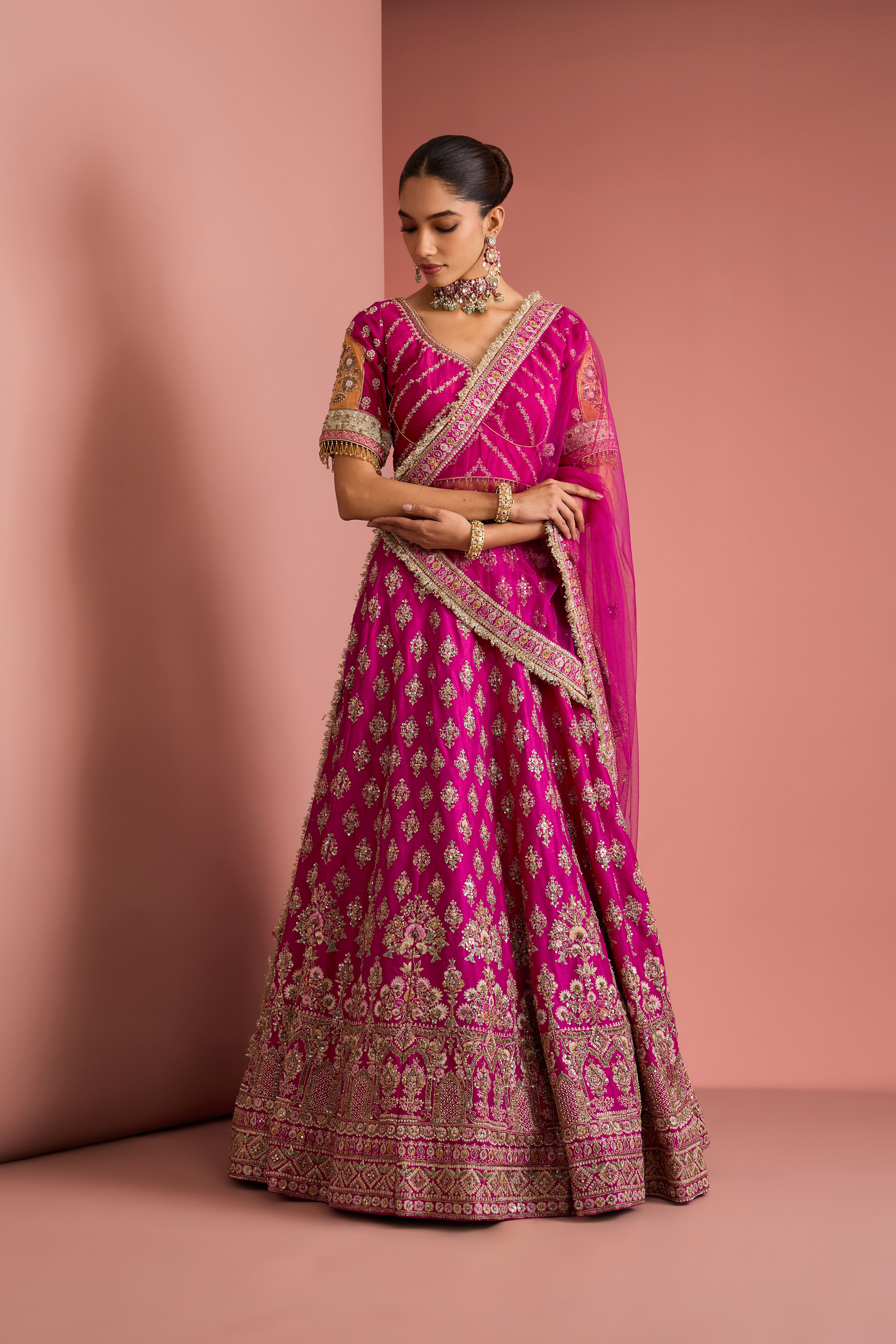 HOT PINK SILK LEHENGA SET WITH AARI EMBROIDERY