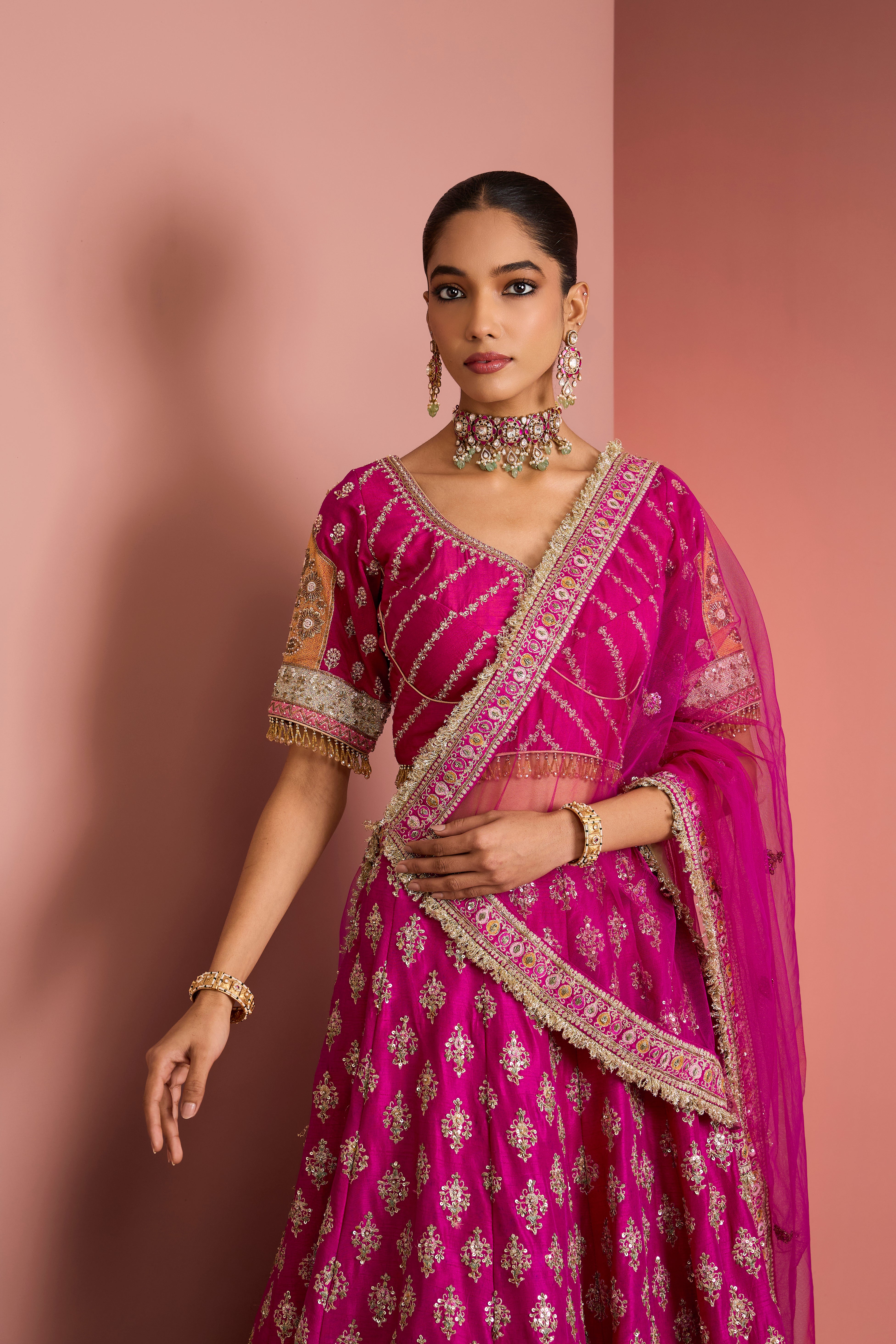 HOT PINK SILK LEHENGA SET WITH AARI EMBROIDERY