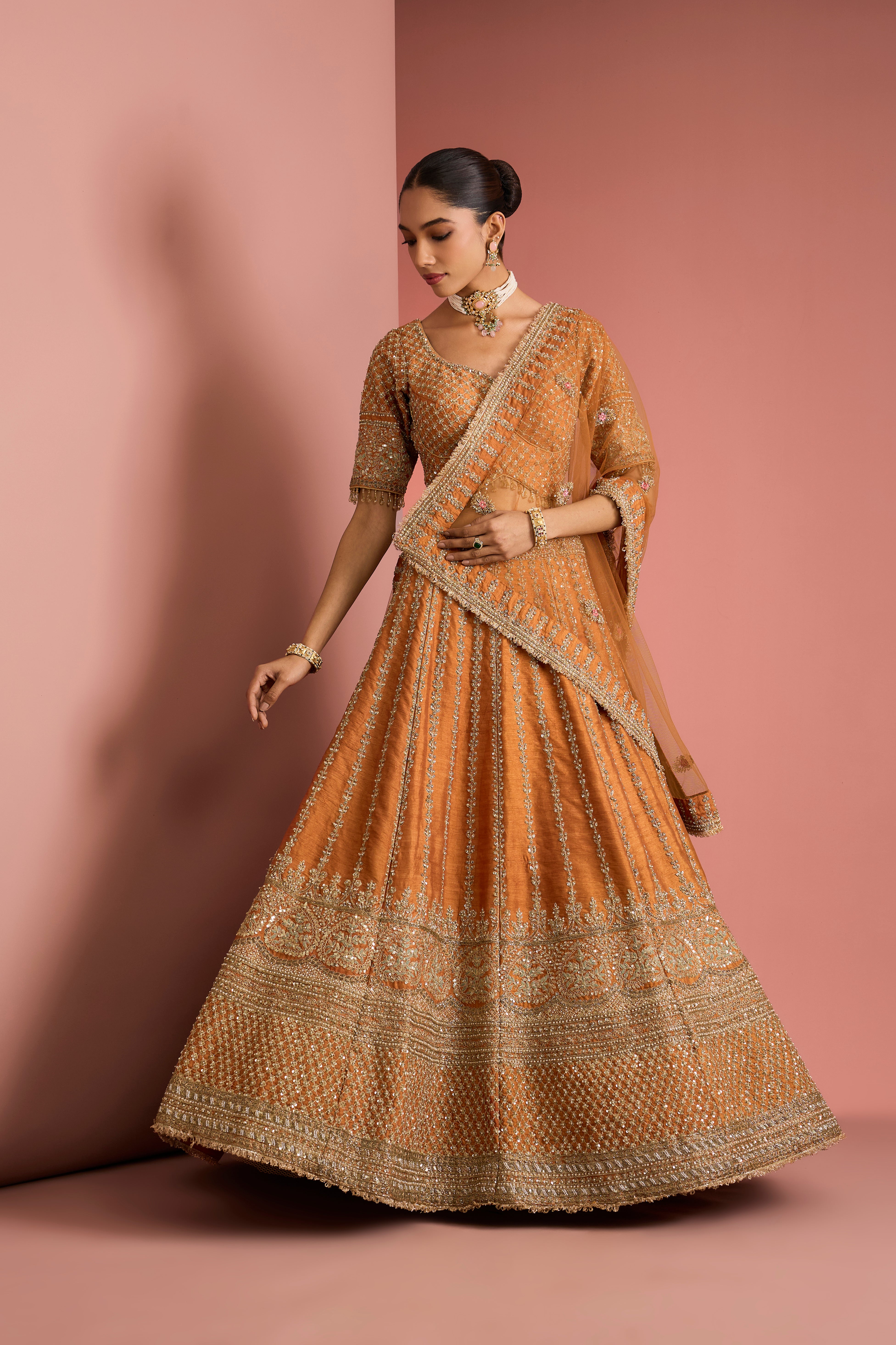 RUST ORANGE RAW SILK LEHENGA SET WITH AARI EMBROIDERY