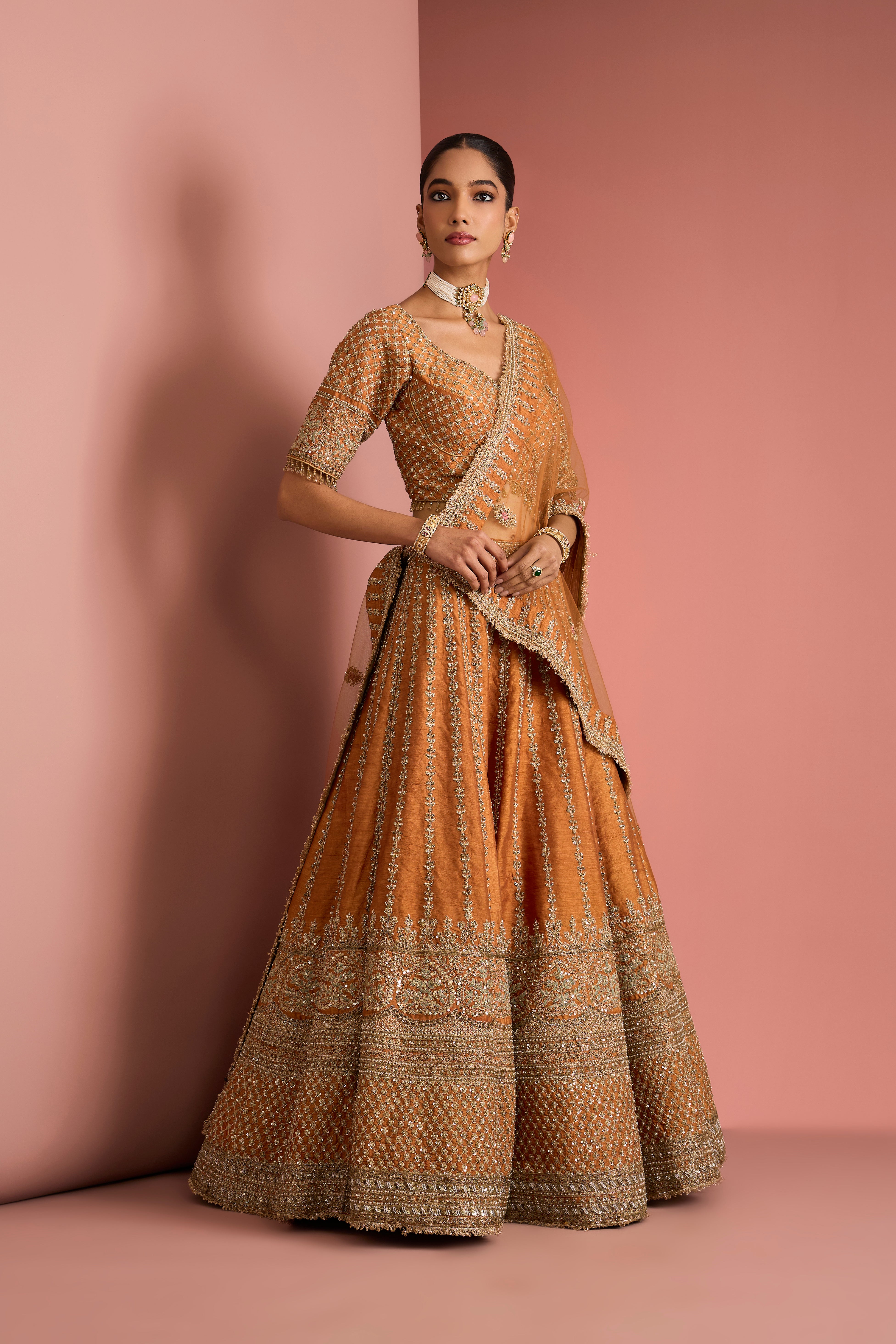 RUST ORANGE RAW SILK LEHENGA SET WITH AARI EMBROIDERY