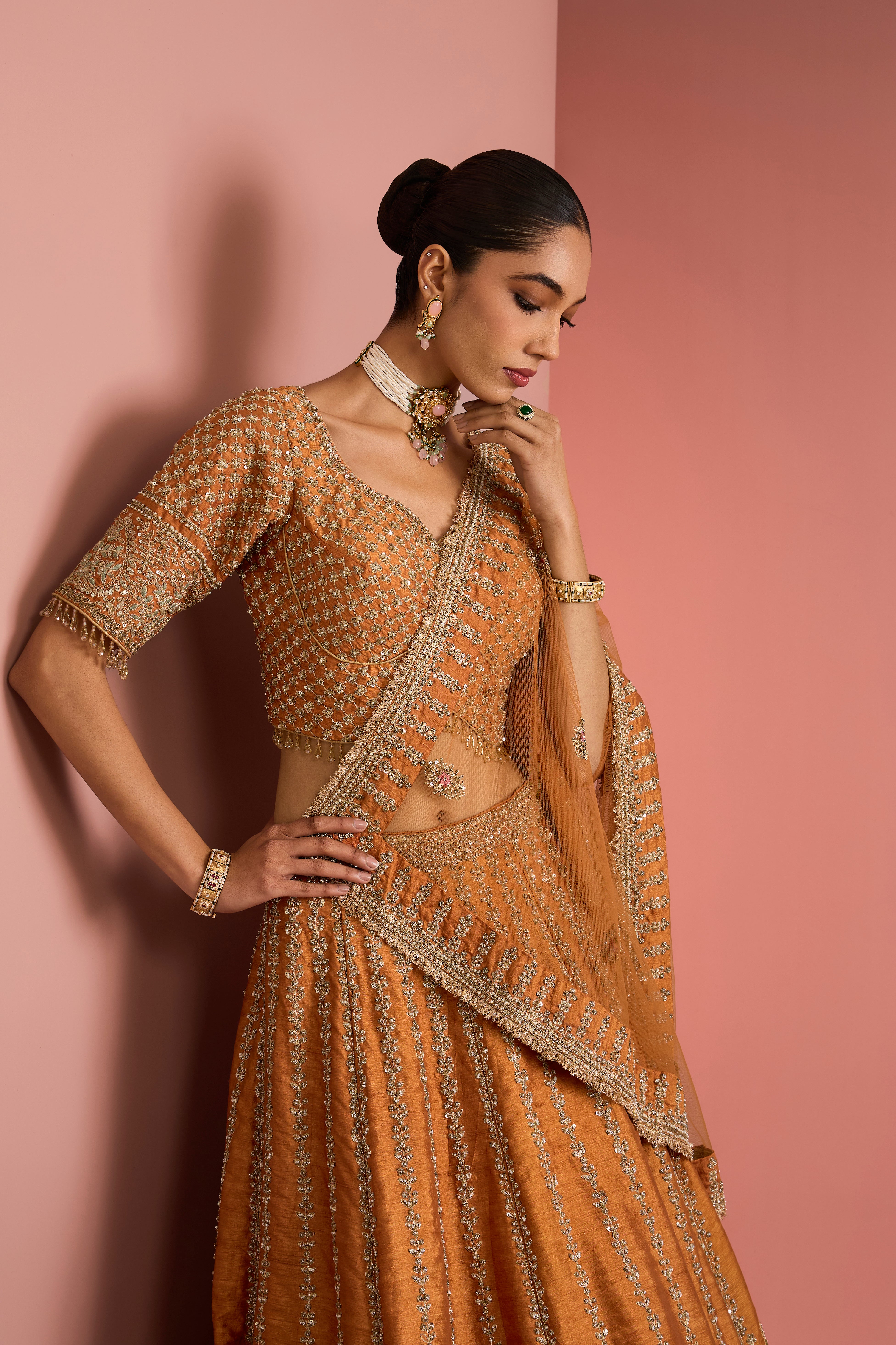 RUST ORANGE RAW SILK LEHENGA SET WITH AARI EMBROIDERY