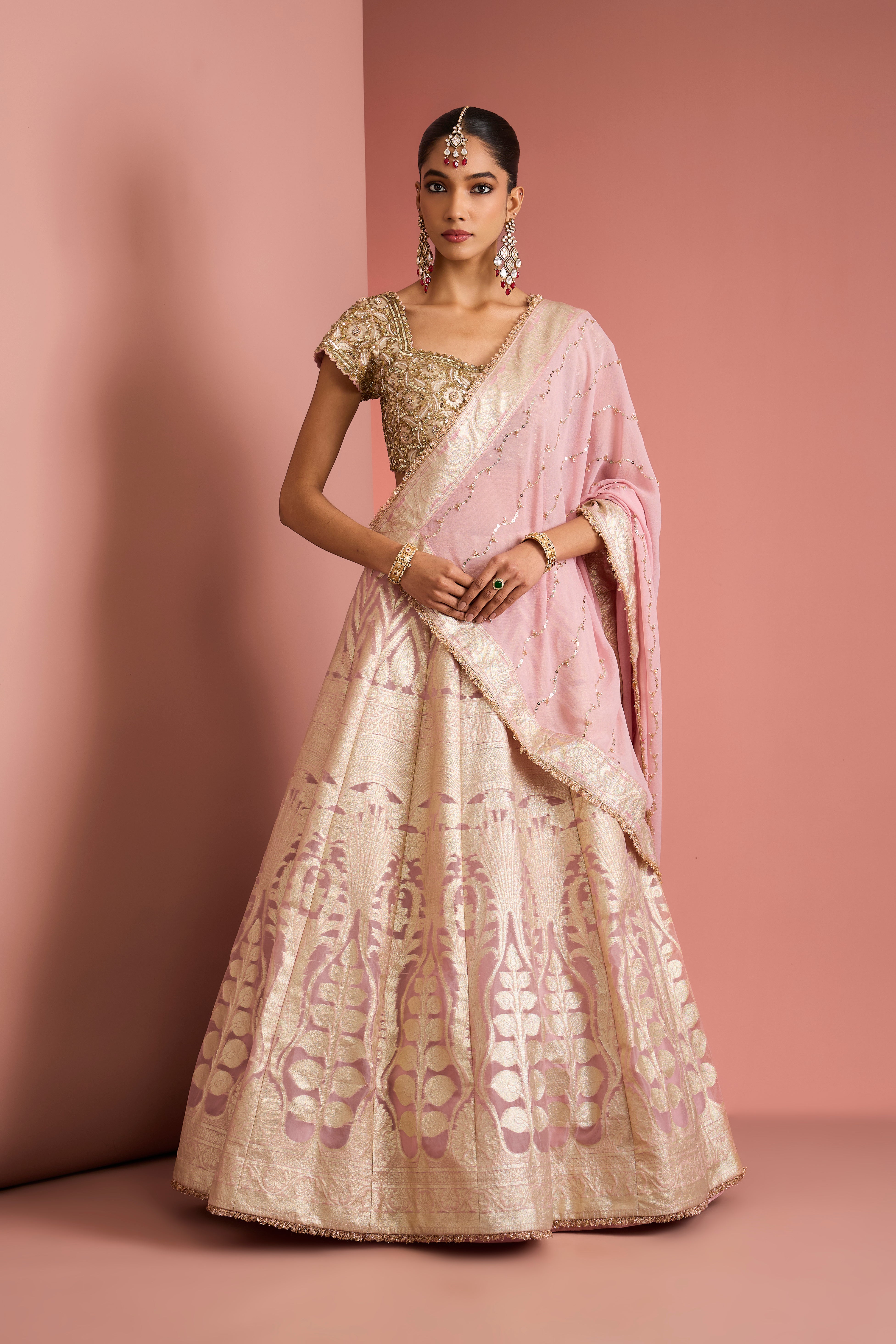 LIGHT PINK ORGANZA BROCADE LEHENGA SET