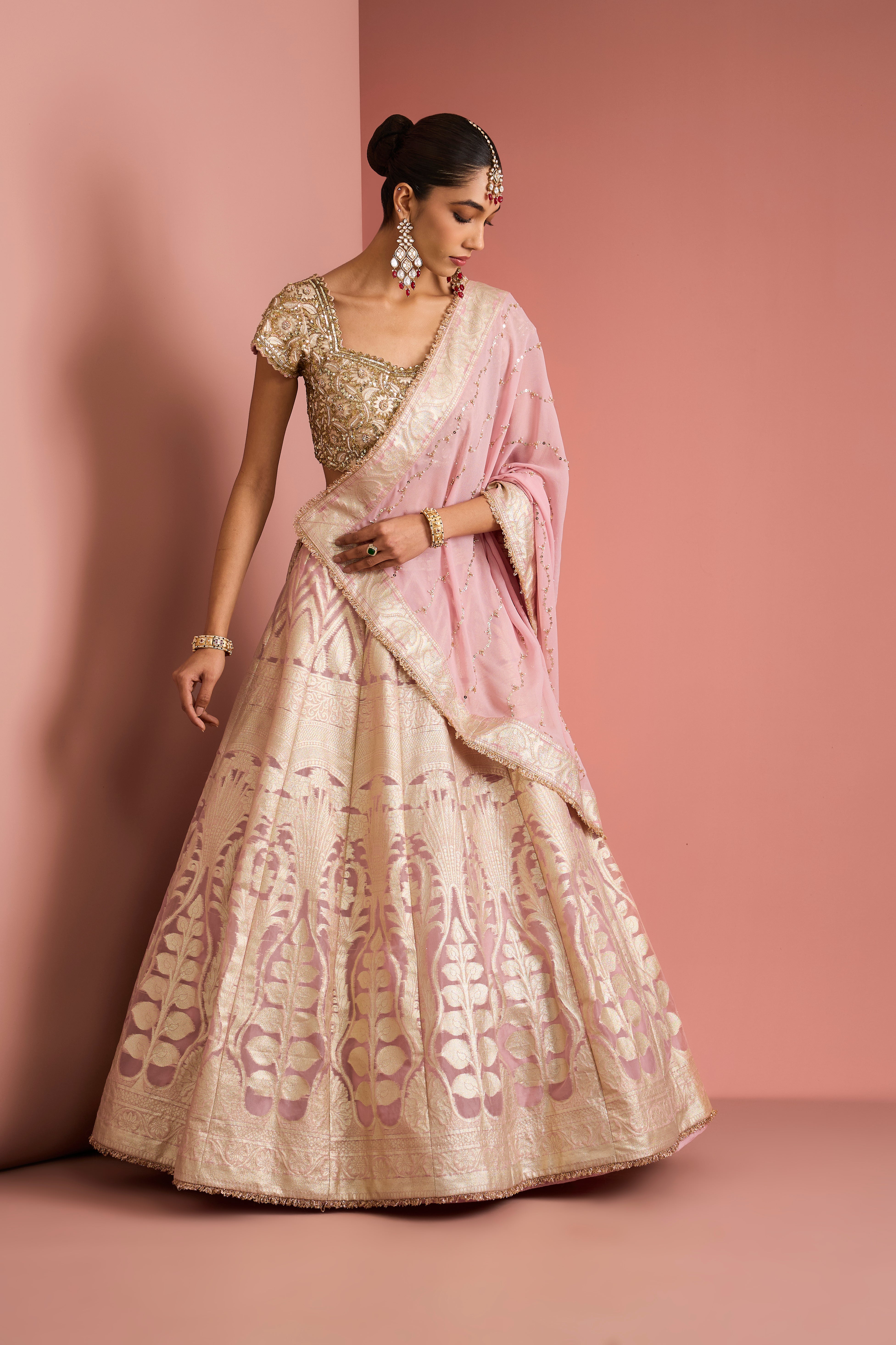 LIGHT PINK ORGANZA BROCADE LEHENGA SET