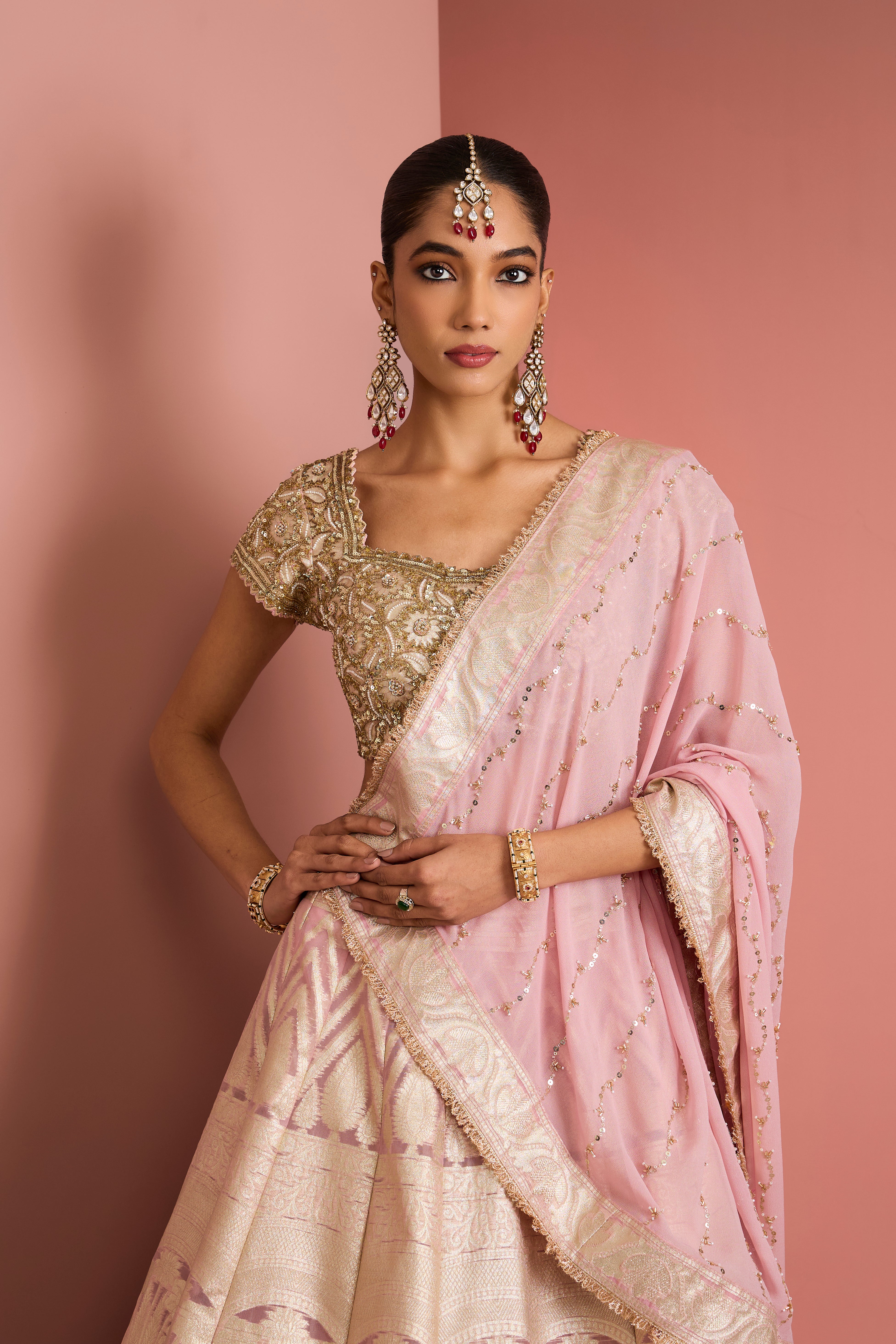 LIGHT PINK ORGANZA BROCADE LEHENGA SET
