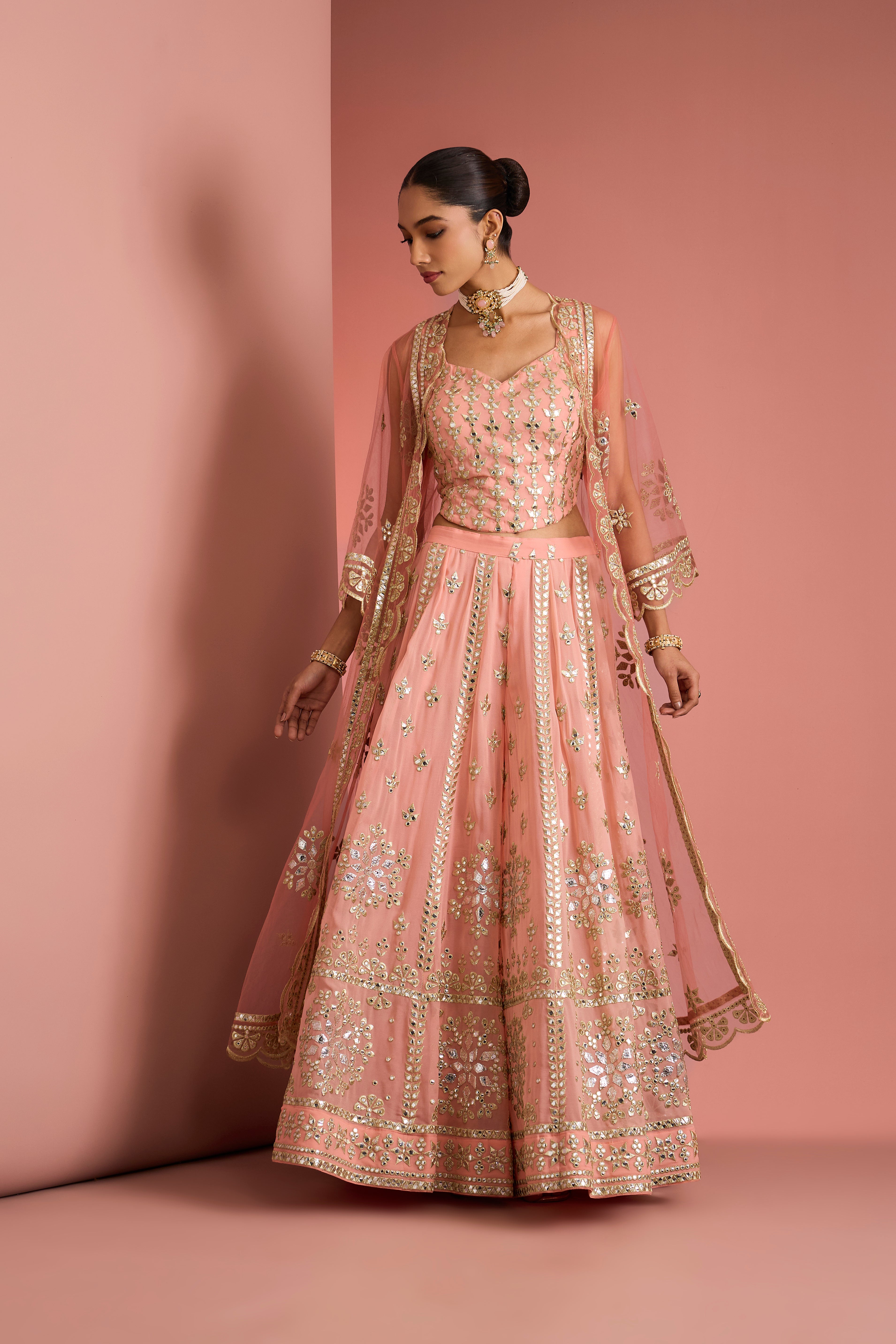 PEACH GEORGGETTE HEAVY GOTA APPLIQUE WORK SHARARA CAPE SET