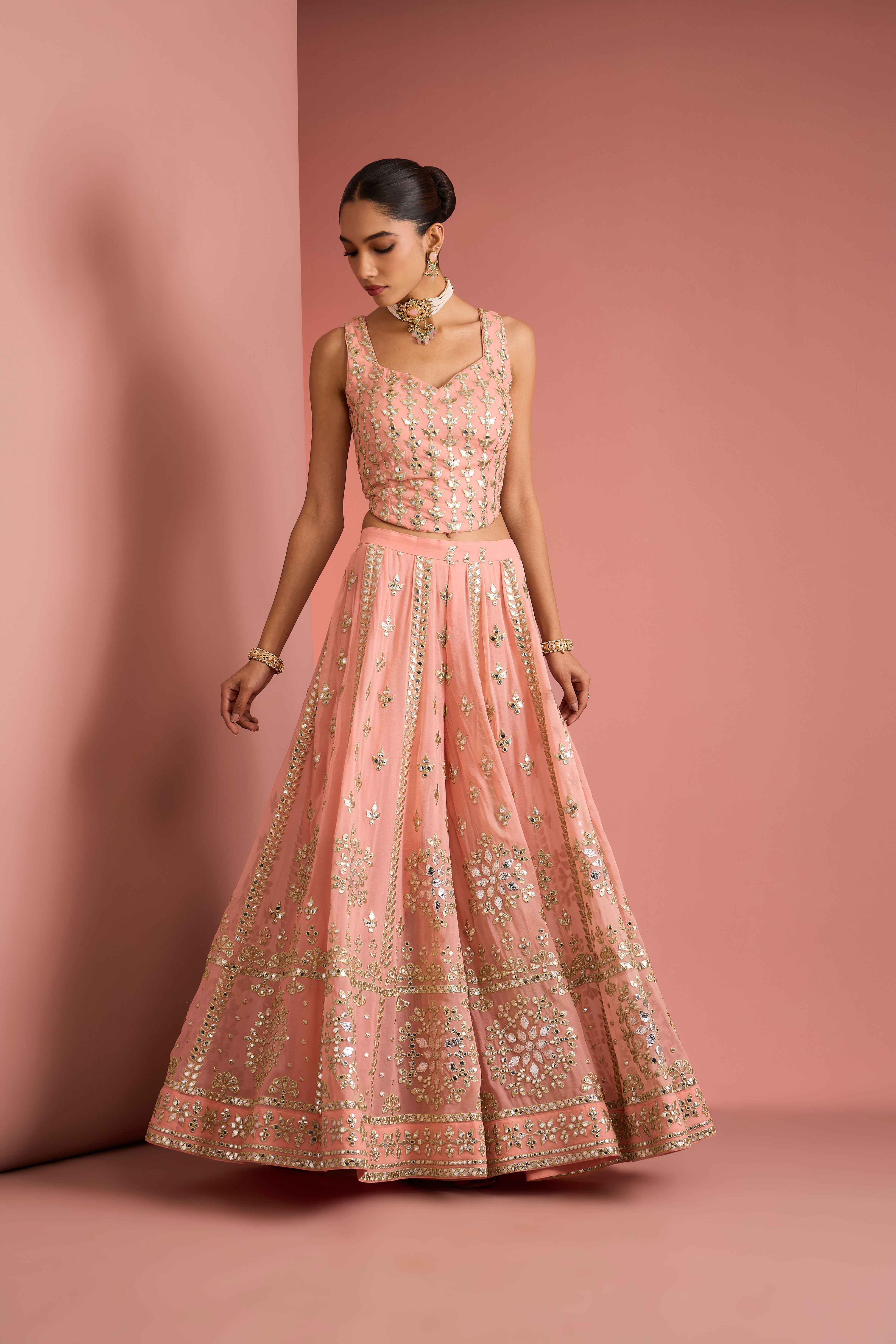 PEACH GEORGGETTE HEAVY GOTA APPLIQUE WORK SHARARA CAPE SET