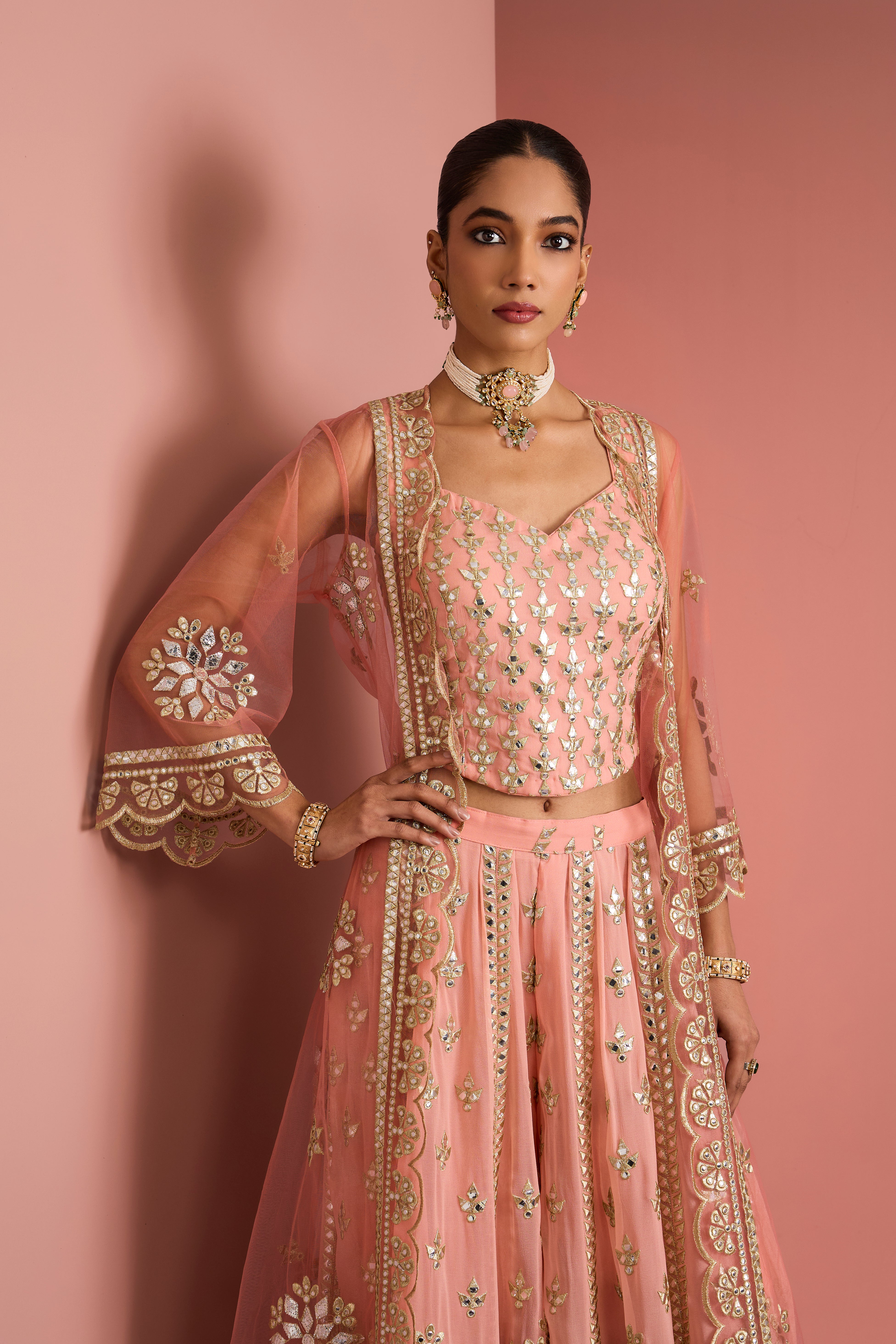PEACH GEORGGETTE HEAVY GOTA APPLIQUE WORK SHARARA CAPE SET