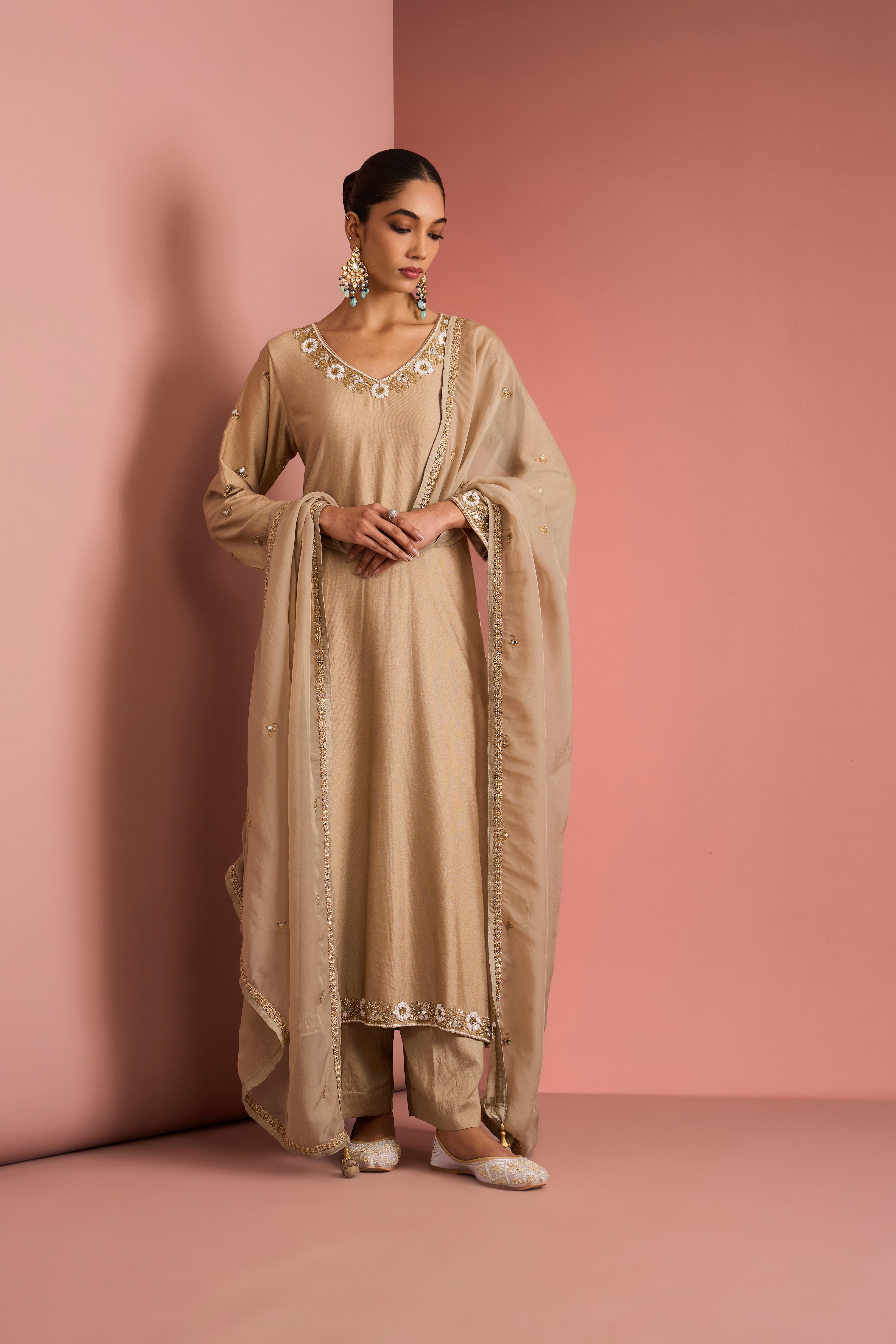 BEIGE   SELF KATAN KURTA PANT SET WITH CUTDANA PEARL MIRROR EMBROIDEREY AND ORGANZA DUPPATTA