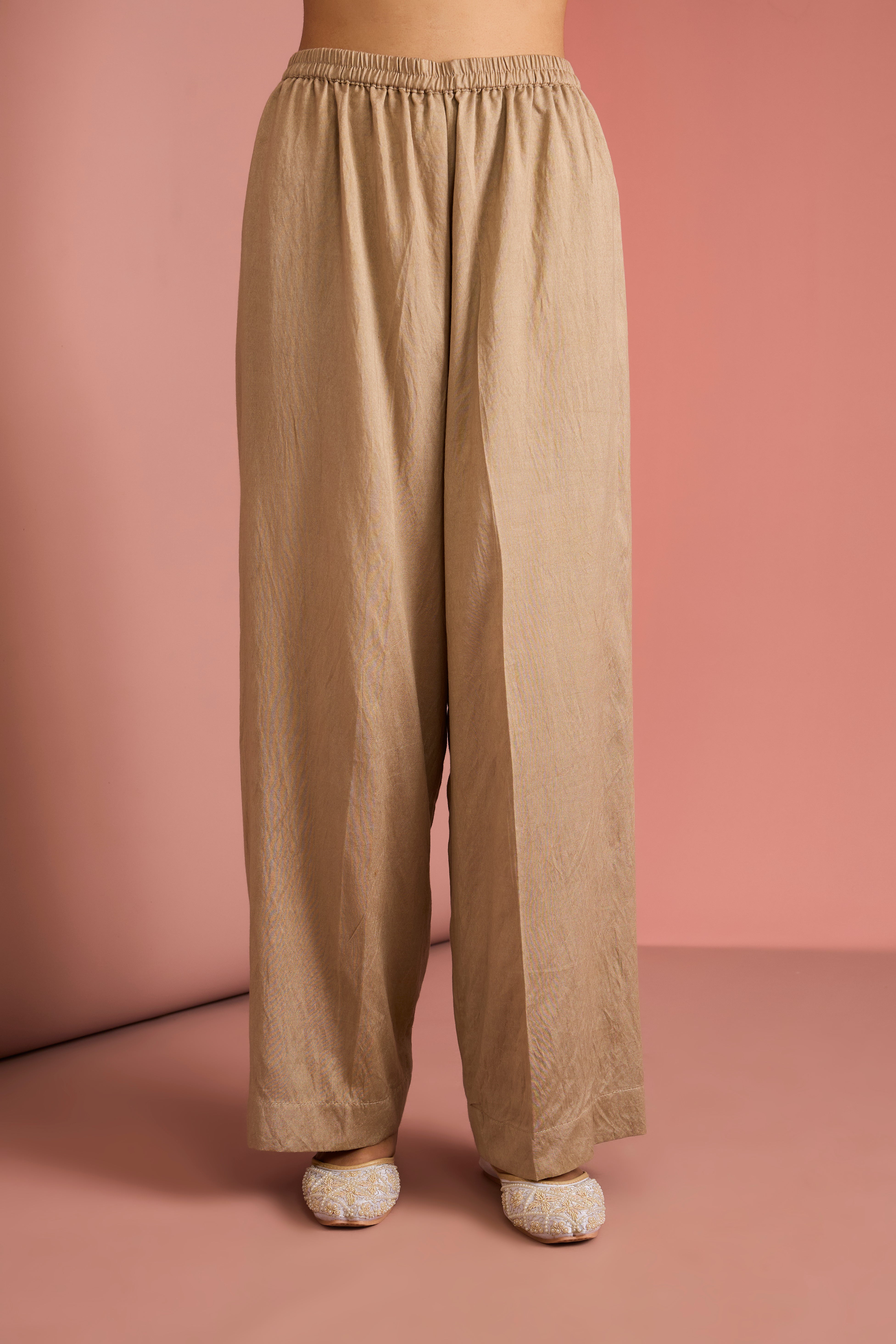 BEIGE   SELF KATAN KURTA PANT SET WITH CUTDANA PEARL MIRROR EMBROIDEREY AND ORGANZA DUPPATTA