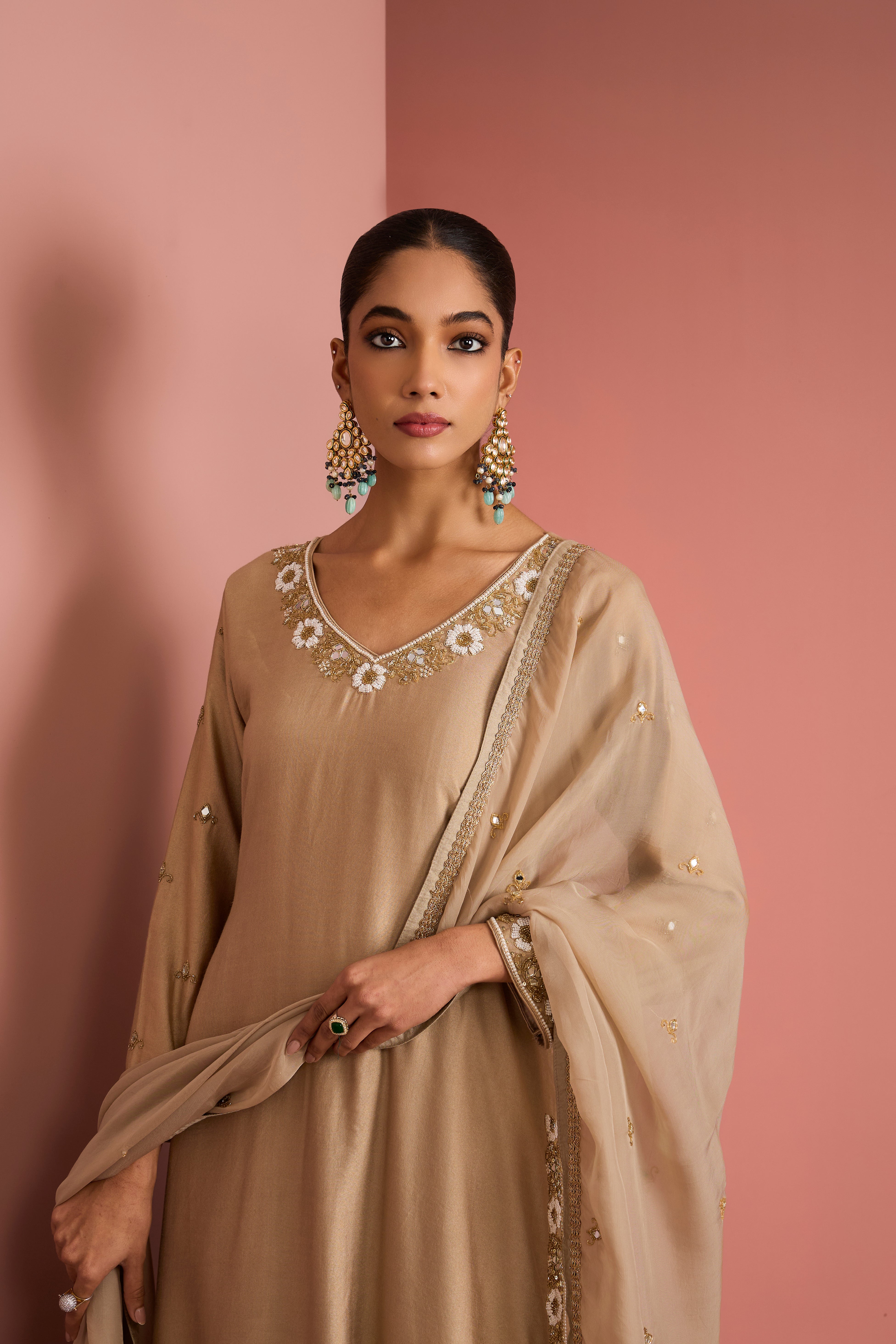 BEIGE   SELF KATAN KURTA PANT SET WITH CUTDANA PEARL MIRROR EMBROIDEREY AND ORGANZA DUPPATTA