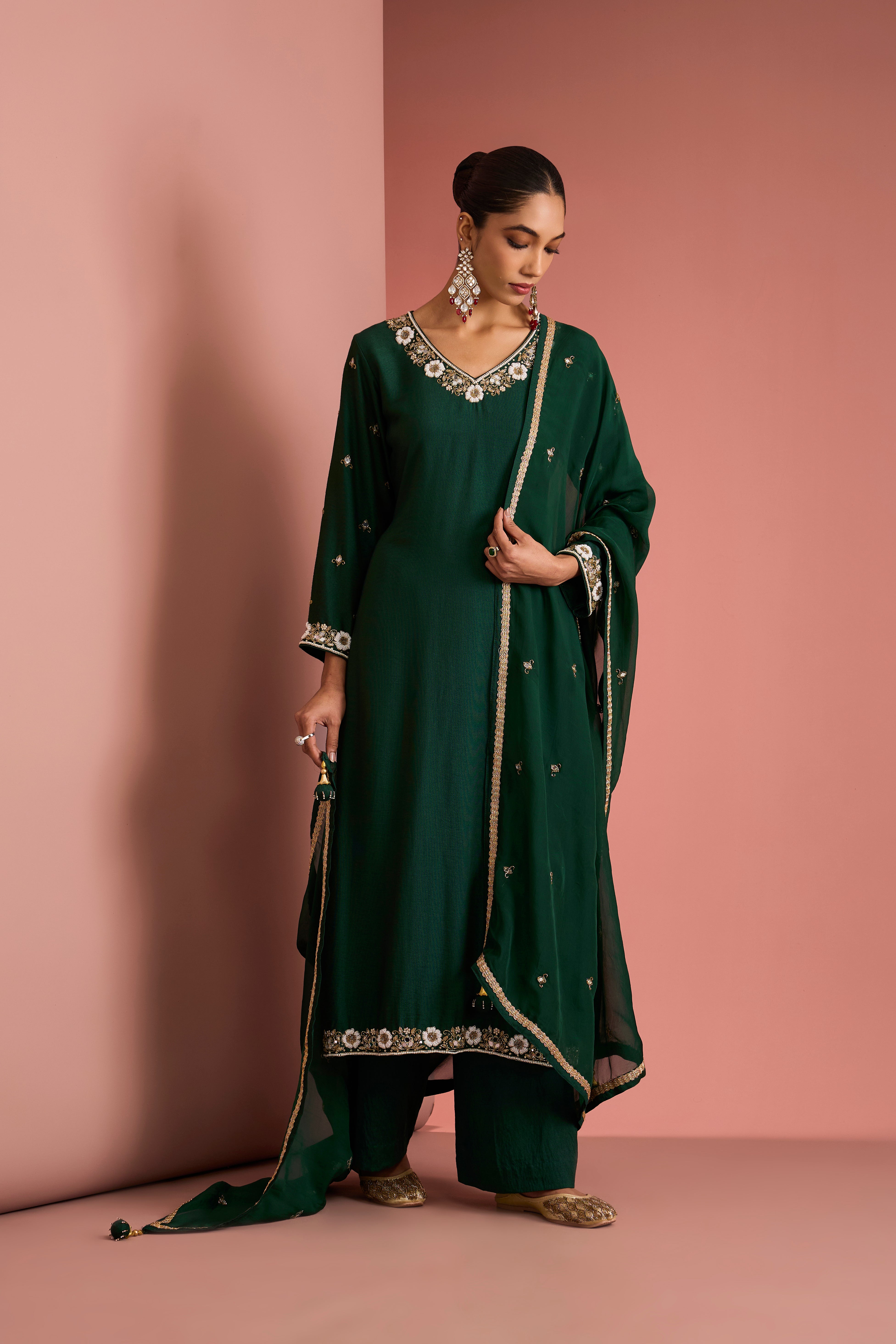 DARK GREEN  SELF KATAN KURTA PANT SET WITH CUTDANA PEARL MIRROR EMBROIDEREY AND ORGANZA DUPPATTA