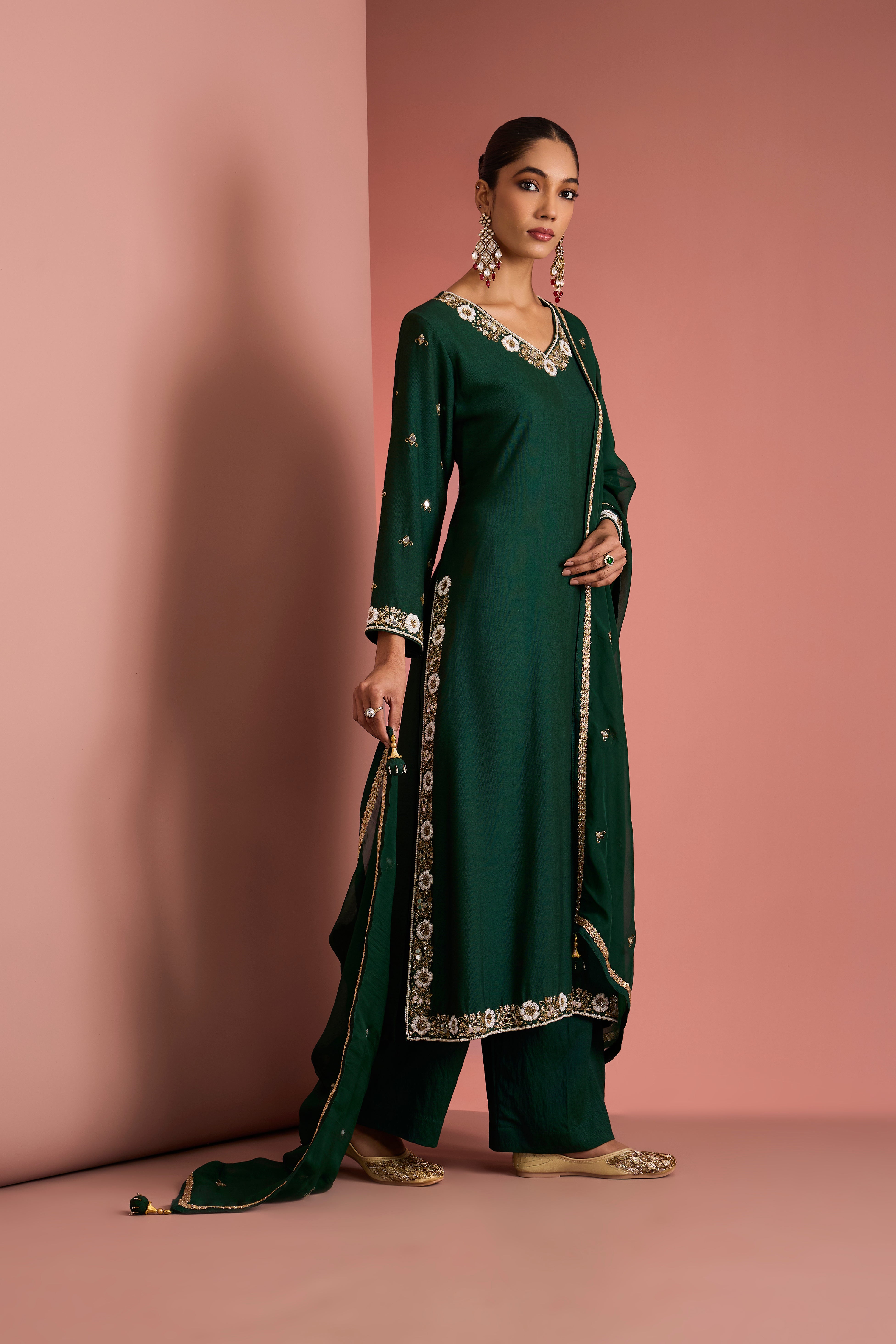 DARK GREEN  SELF KATAN KURTA PANT SET WITH CUTDANA PEARL MIRROR EMBROIDEREY AND ORGANZA DUPPATTA