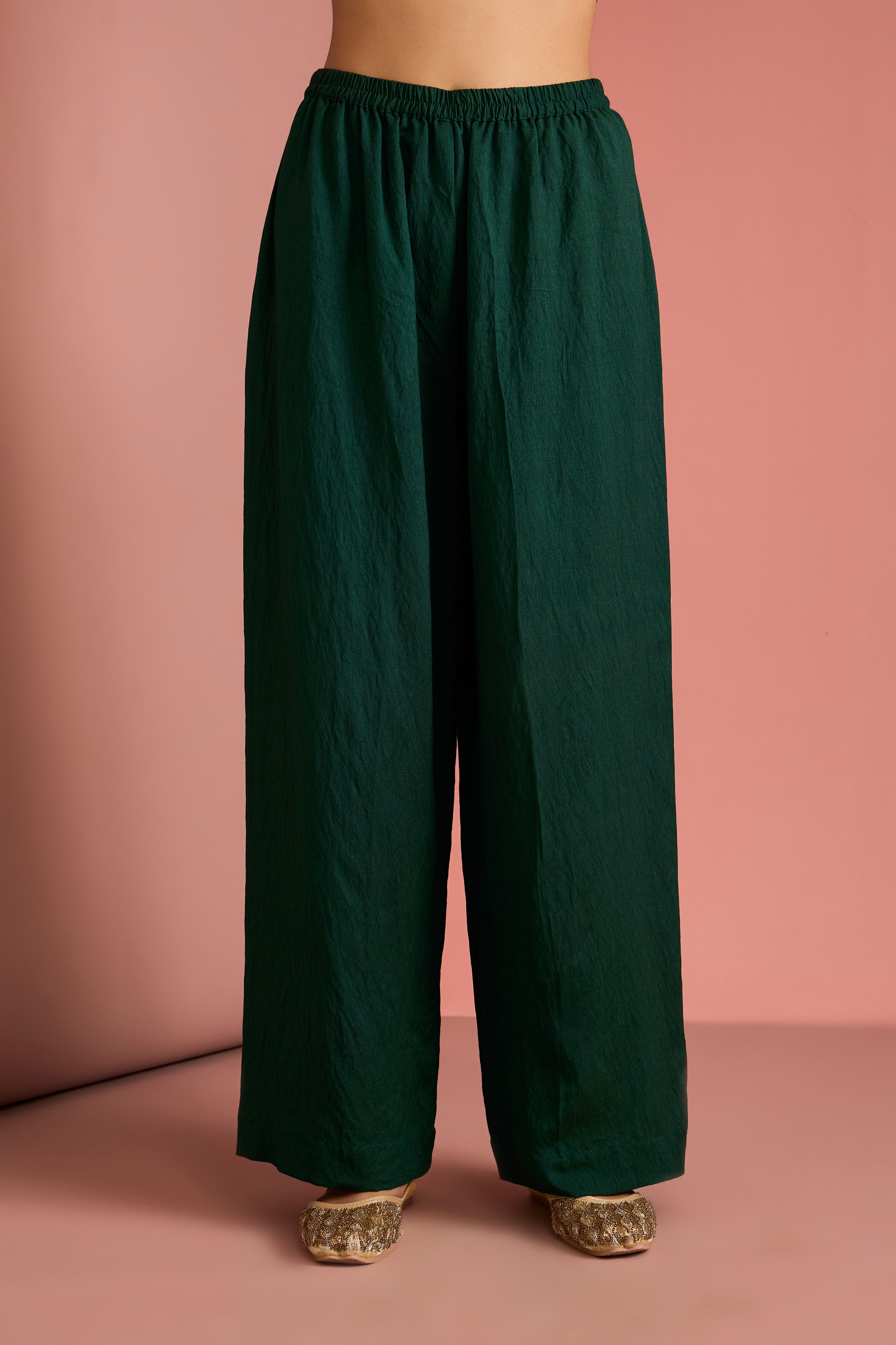 DARK GREEN  SELF KATAN KURTA PANT SET WITH CUTDANA PEARL MIRROR EMBROIDEREY AND ORGANZA DUPPATTA