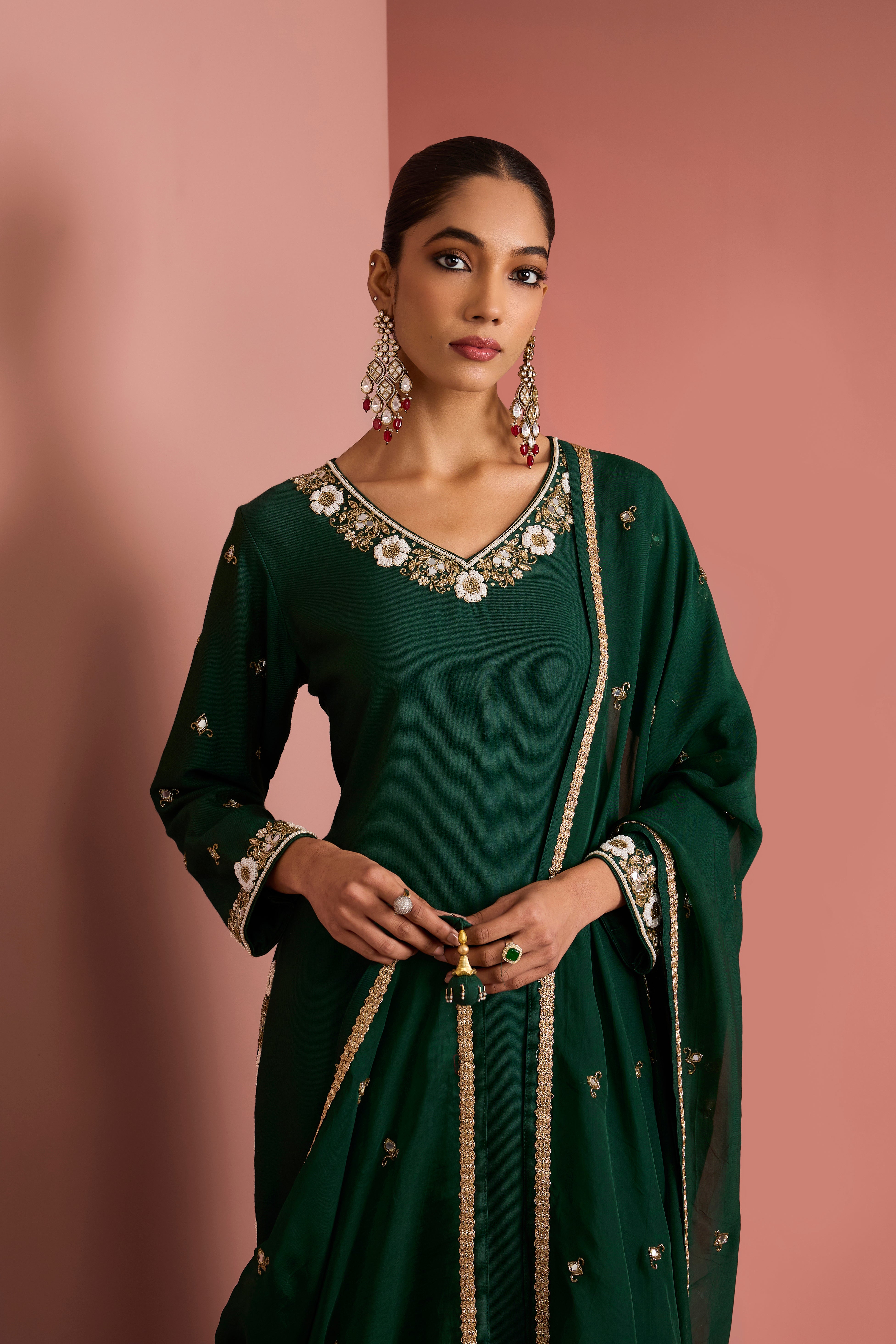 DARK GREEN  SELF KATAN KURTA PANT SET WITH CUTDANA PEARL MIRROR EMBROIDEREY AND ORGANZA DUPPATTA