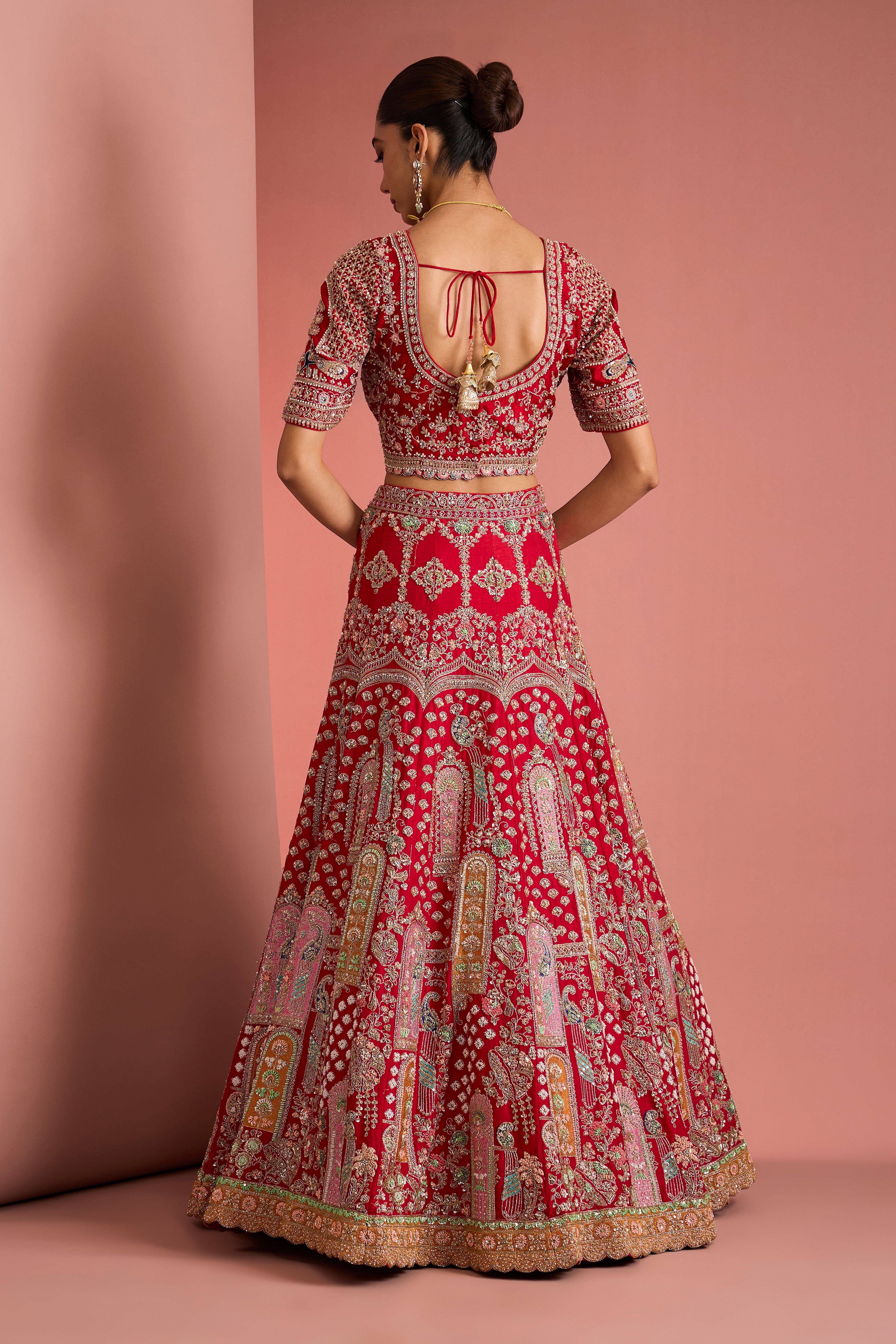 BRIDAL RED SILK LEHENGA SET WITH HAND EMBROIDERY AND 2 DUPATTAS