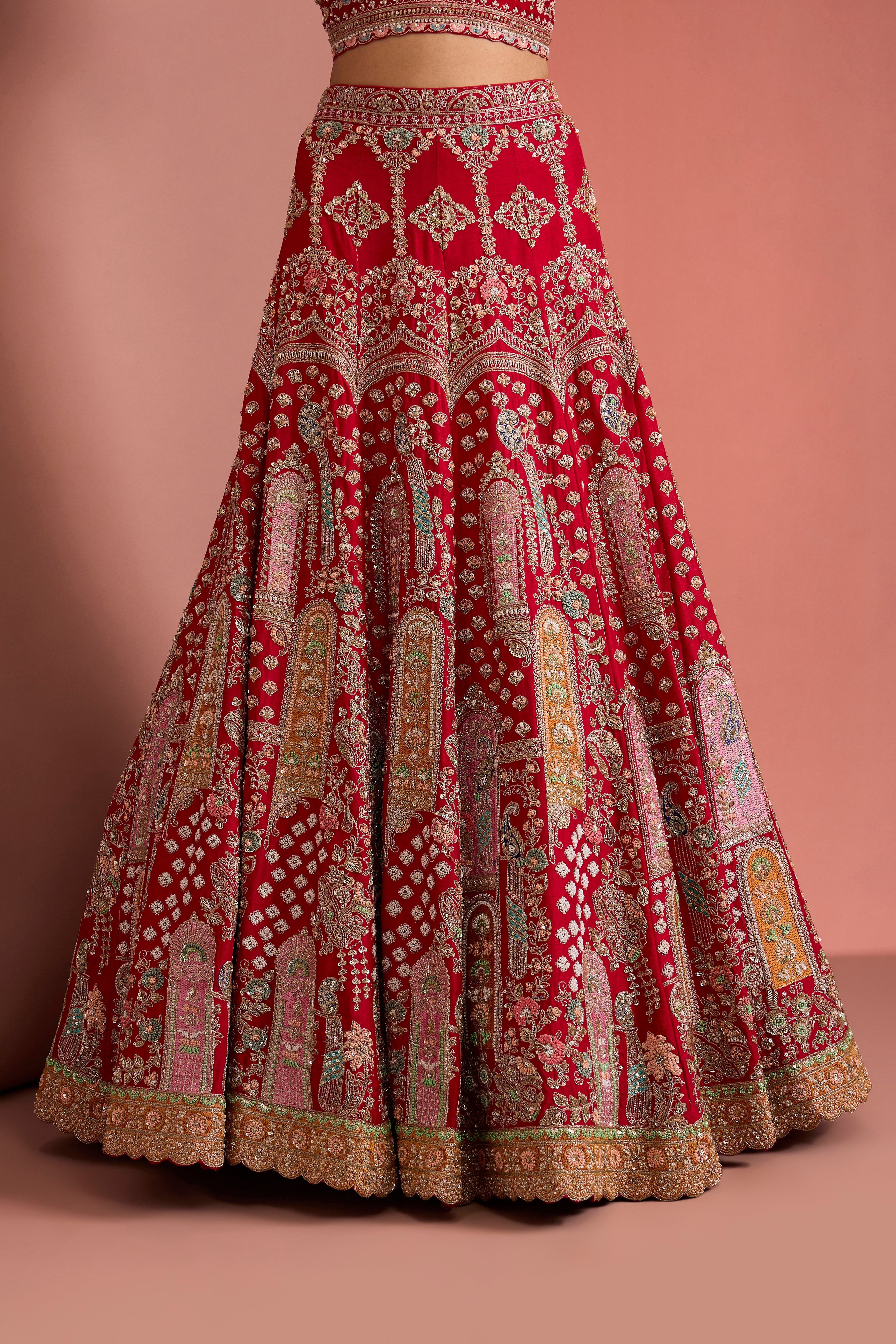BRIDAL RED SILK LEHENGA SET WITH HAND EMBROIDERY AND 2 DUPATTAS