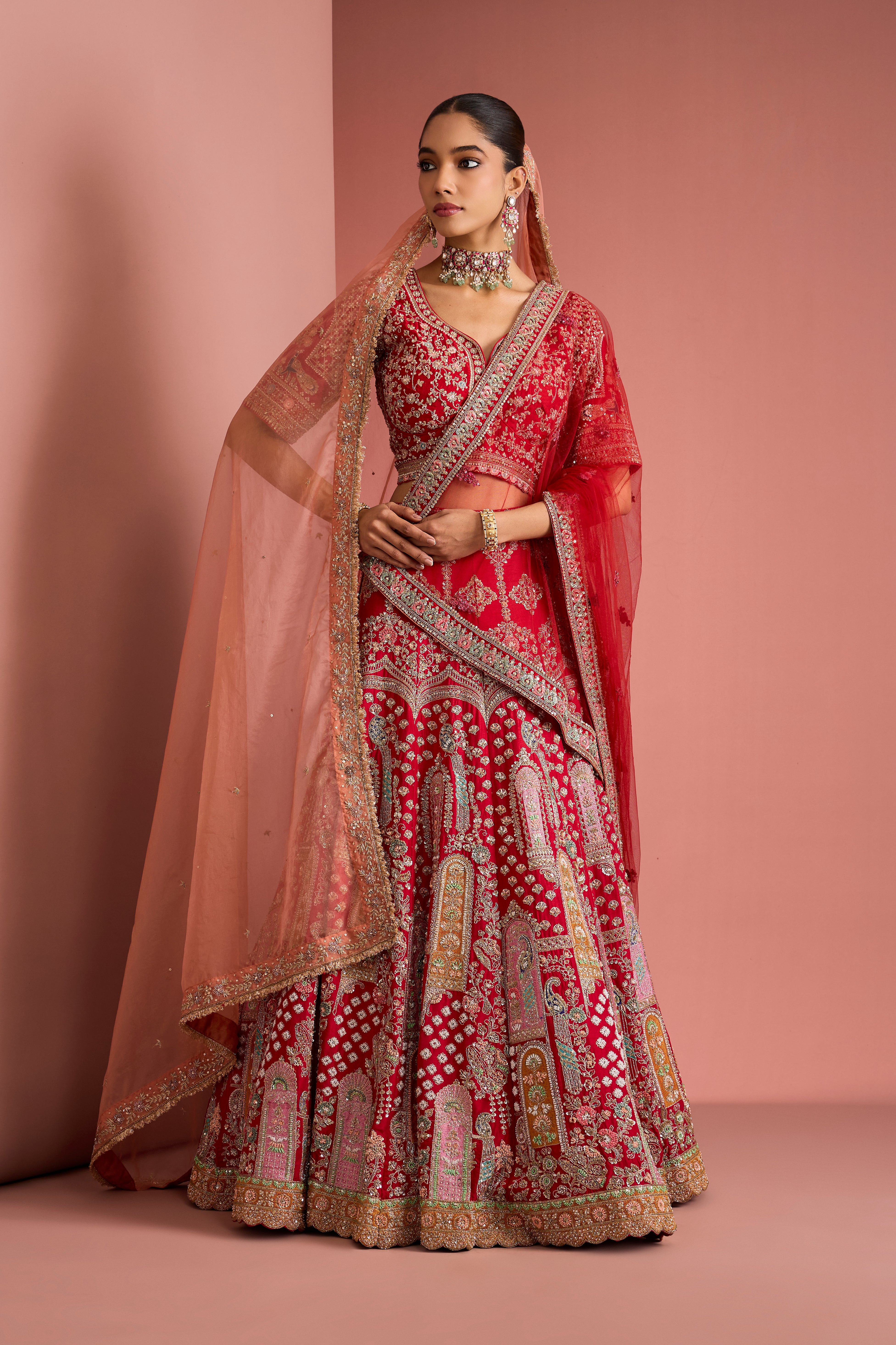 BRIDAL RED SILK LEHENGA SET WITH HAND EMBROIDERY AND 2 DUPATTAS