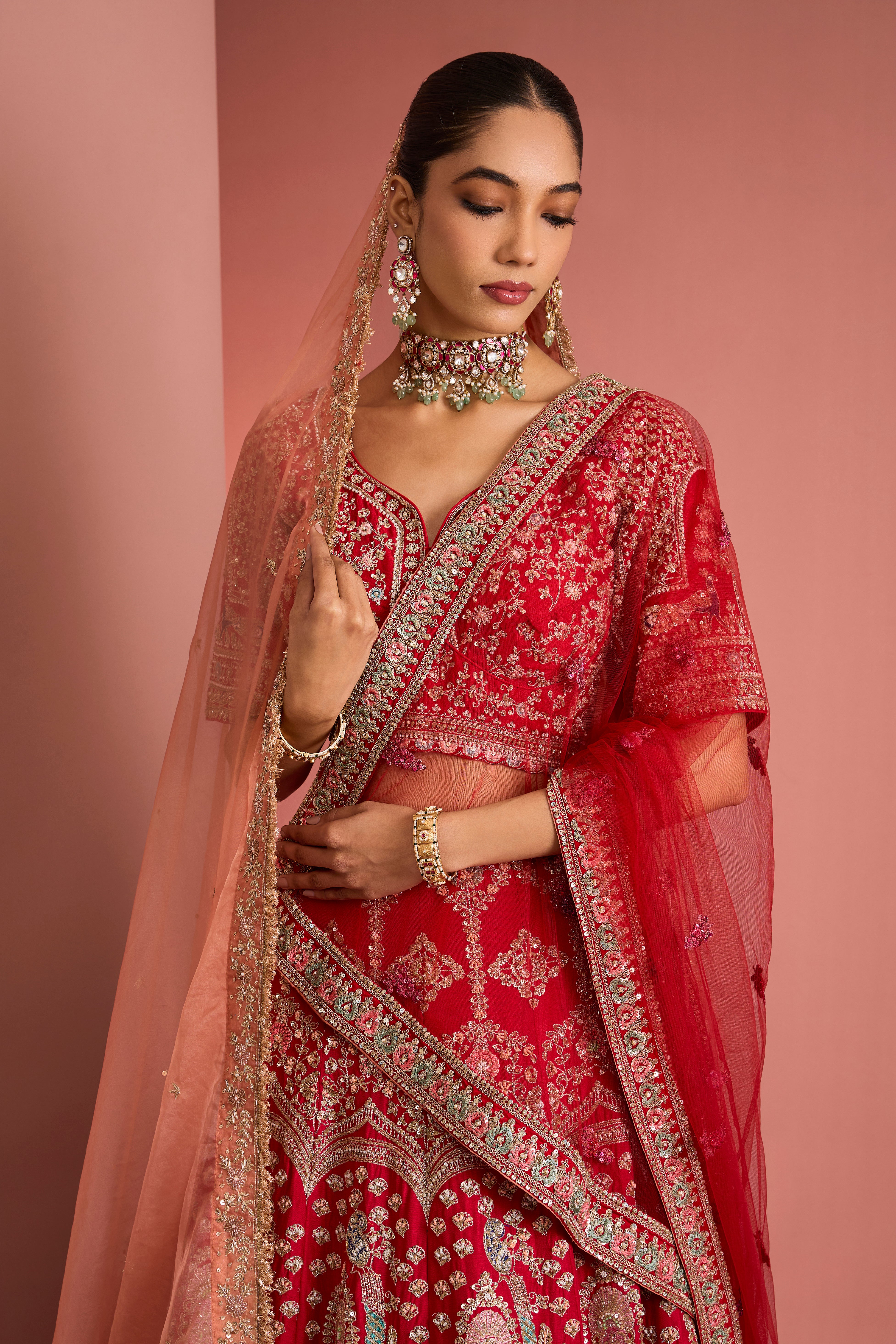 BRIDAL RED SILK LEHENGA SET WITH HAND EMBROIDERY AND 2 DUPATTAS