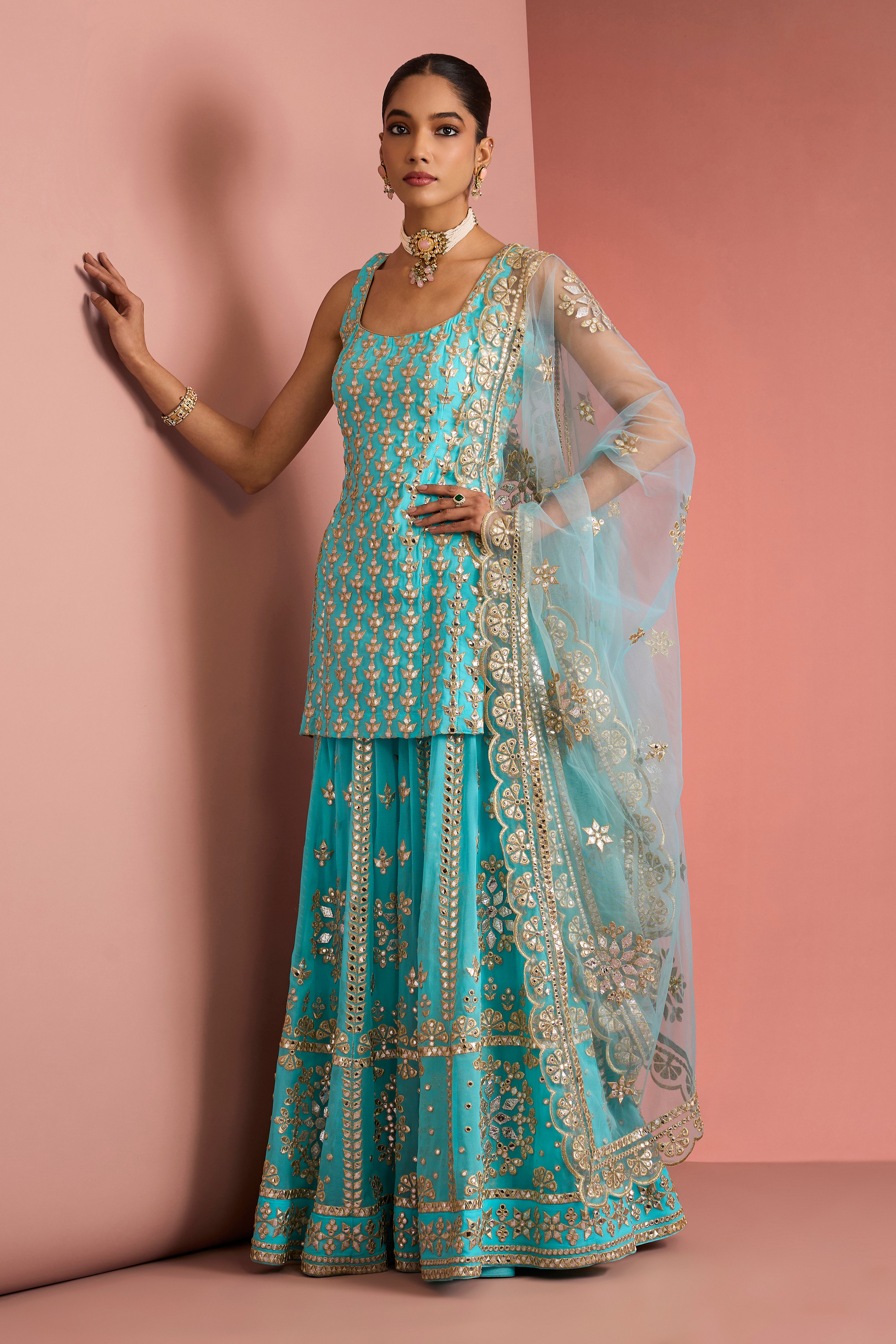 LIGHT BLUE GEORGGETTE GOTTA APPLIQUE SHARARA SET