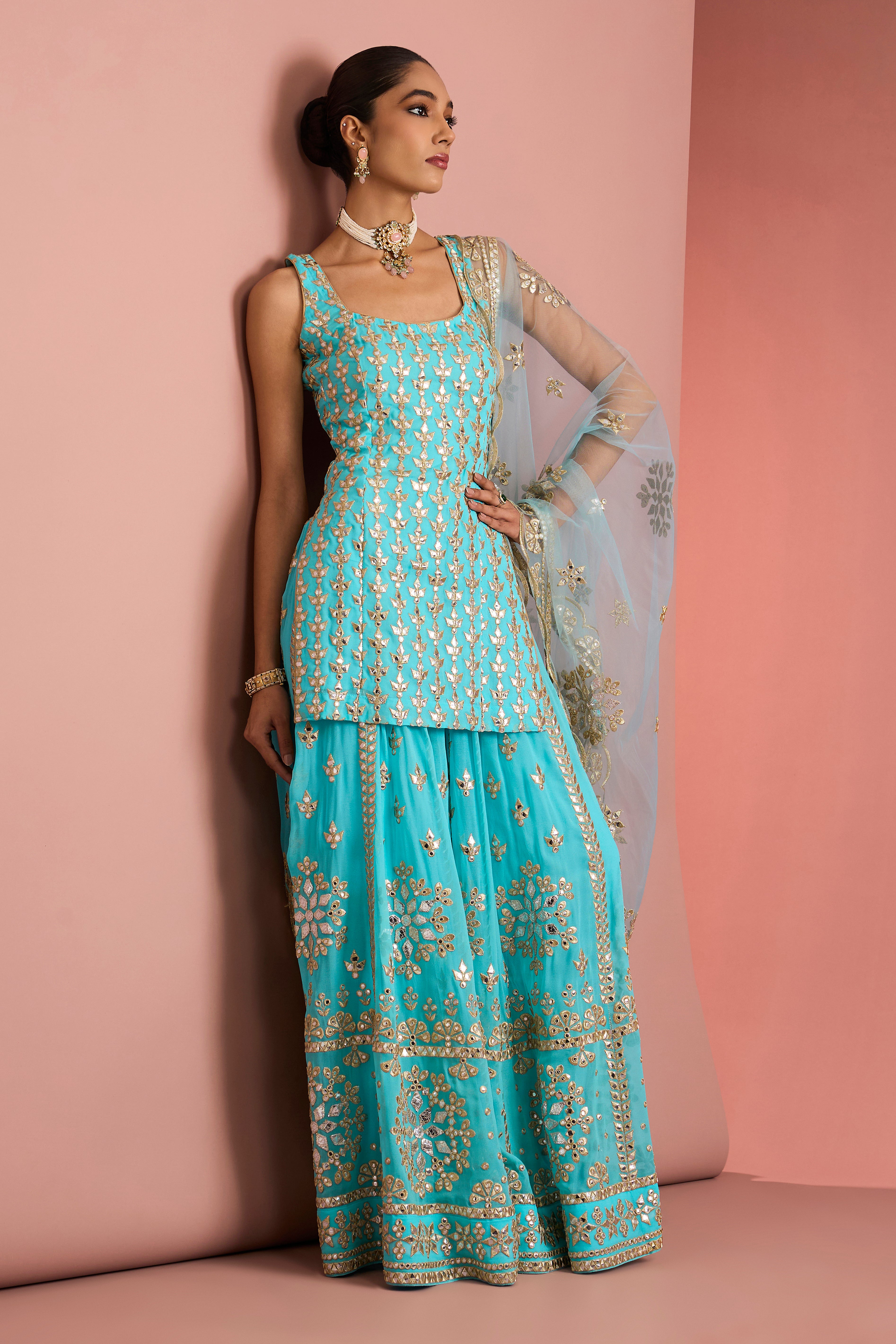LIGHT BLUE GEORGGETTE GOTTA APPLIQUE SHARARA SET