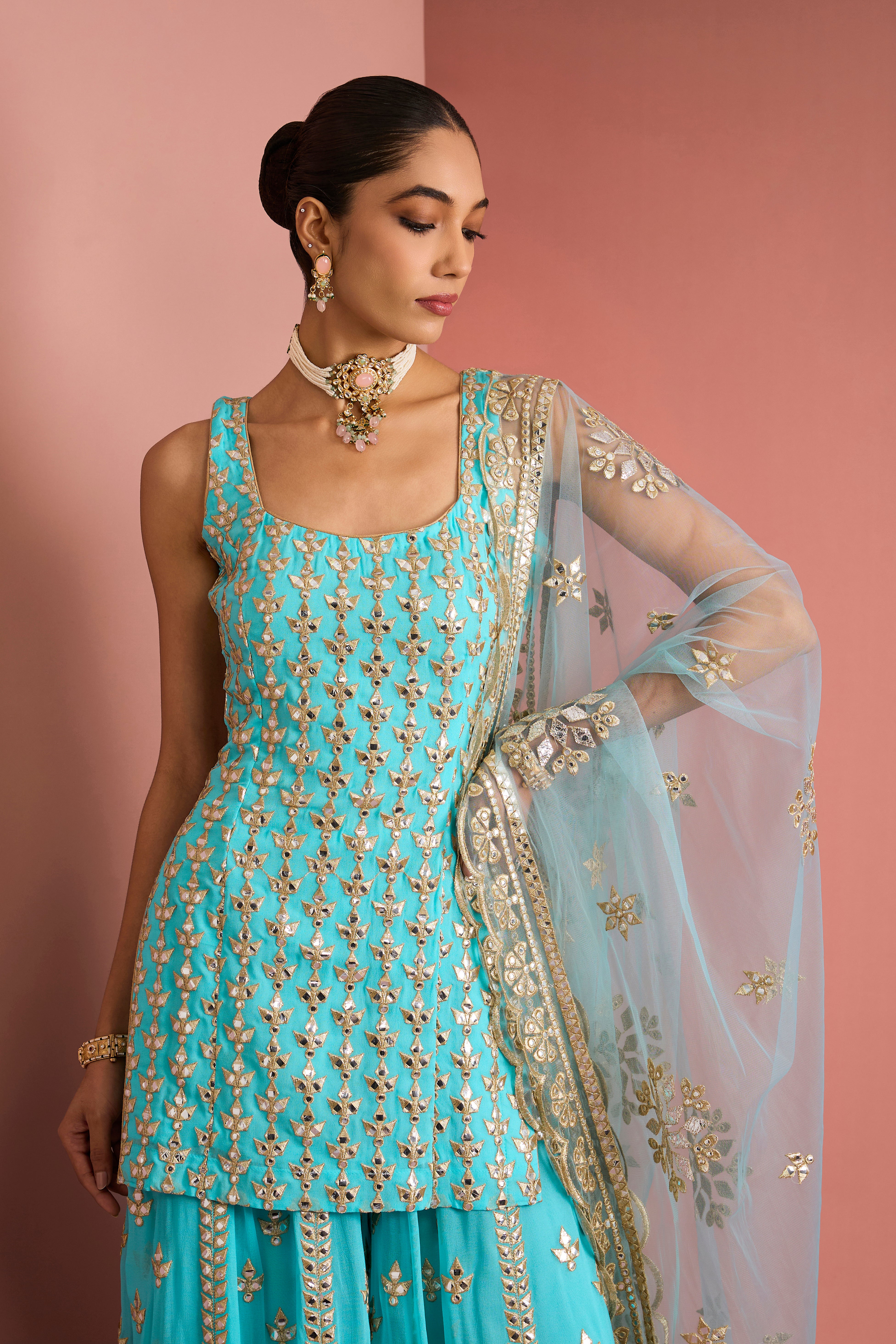 LIGHT BLUE GEORGGETTE GOTTA APPLIQUE SHARARA SET
