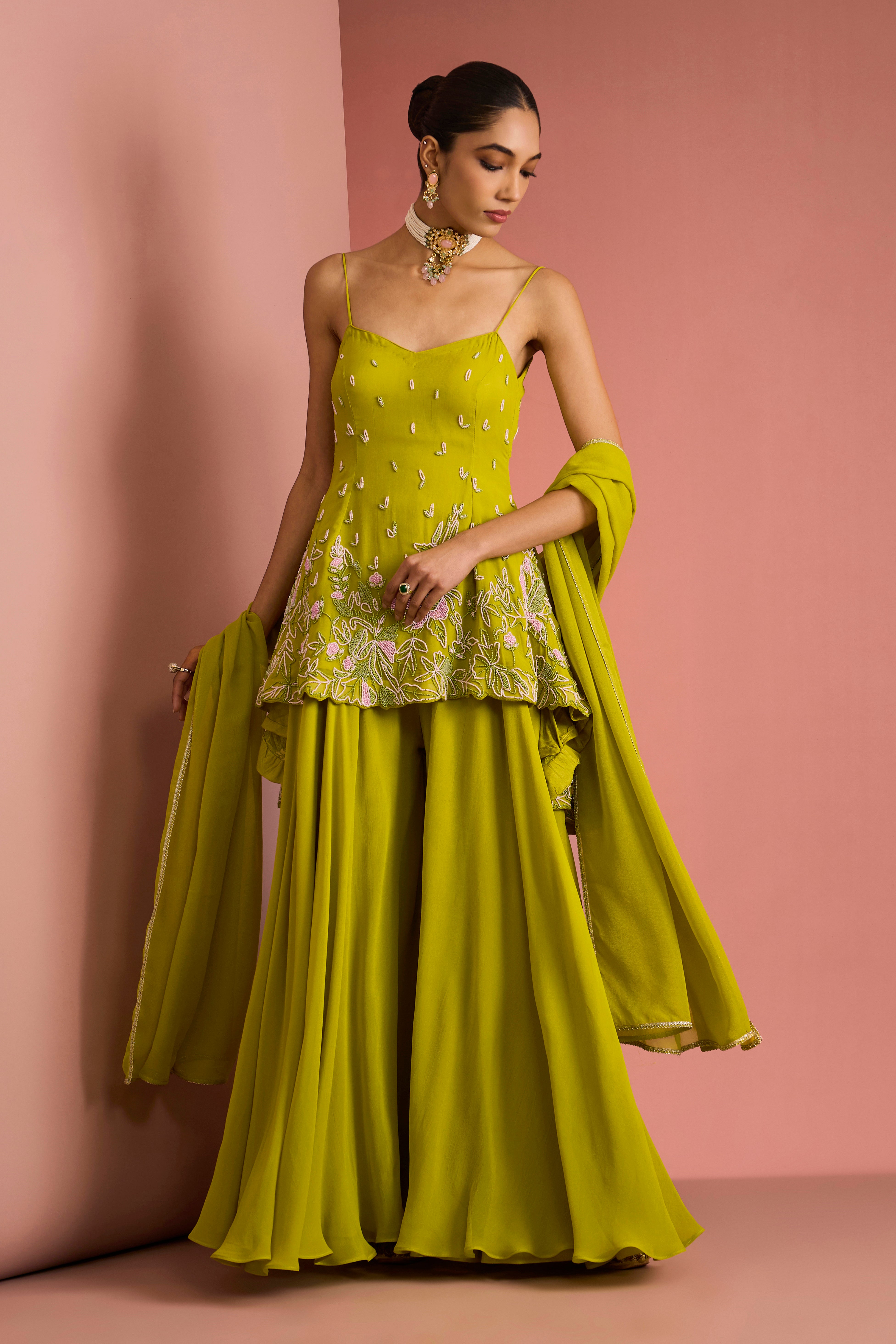 LIME GREEN CREPE BEAD WORK SHARARA SET