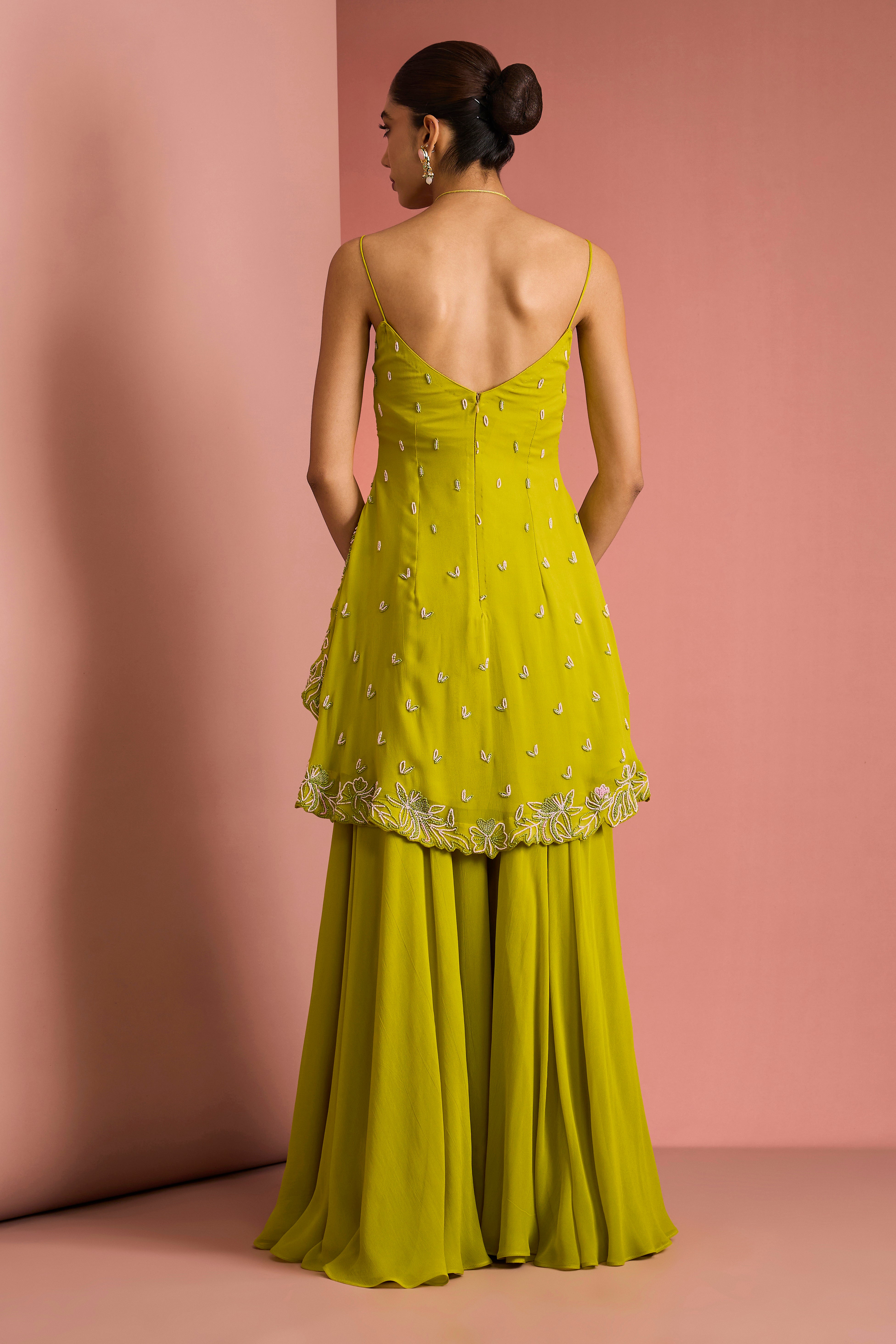 LIME GREEN CREPE BEAD WORK SHARARA SET