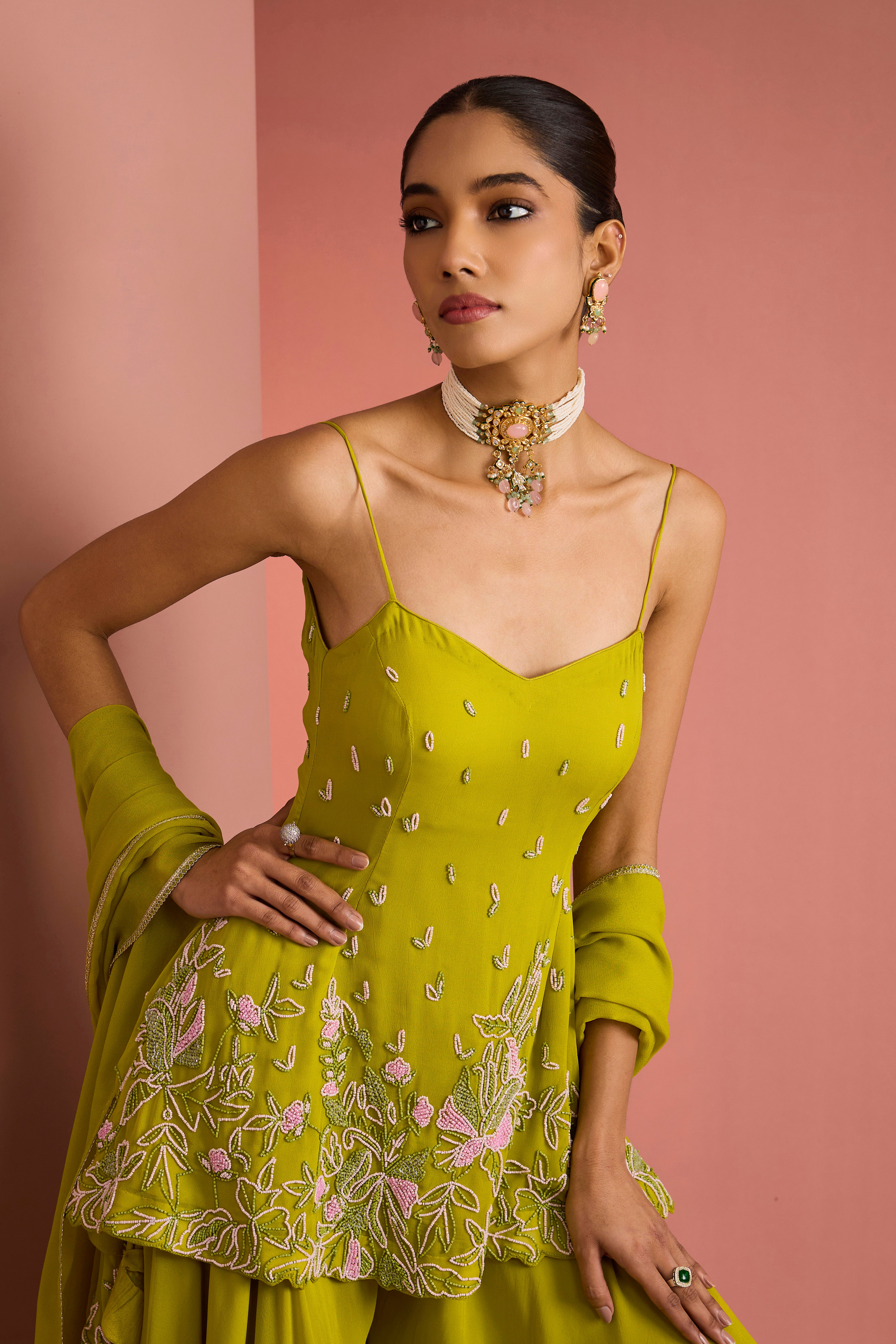 LIME GREEN CREPE BEAD WORK SHARARA SET
