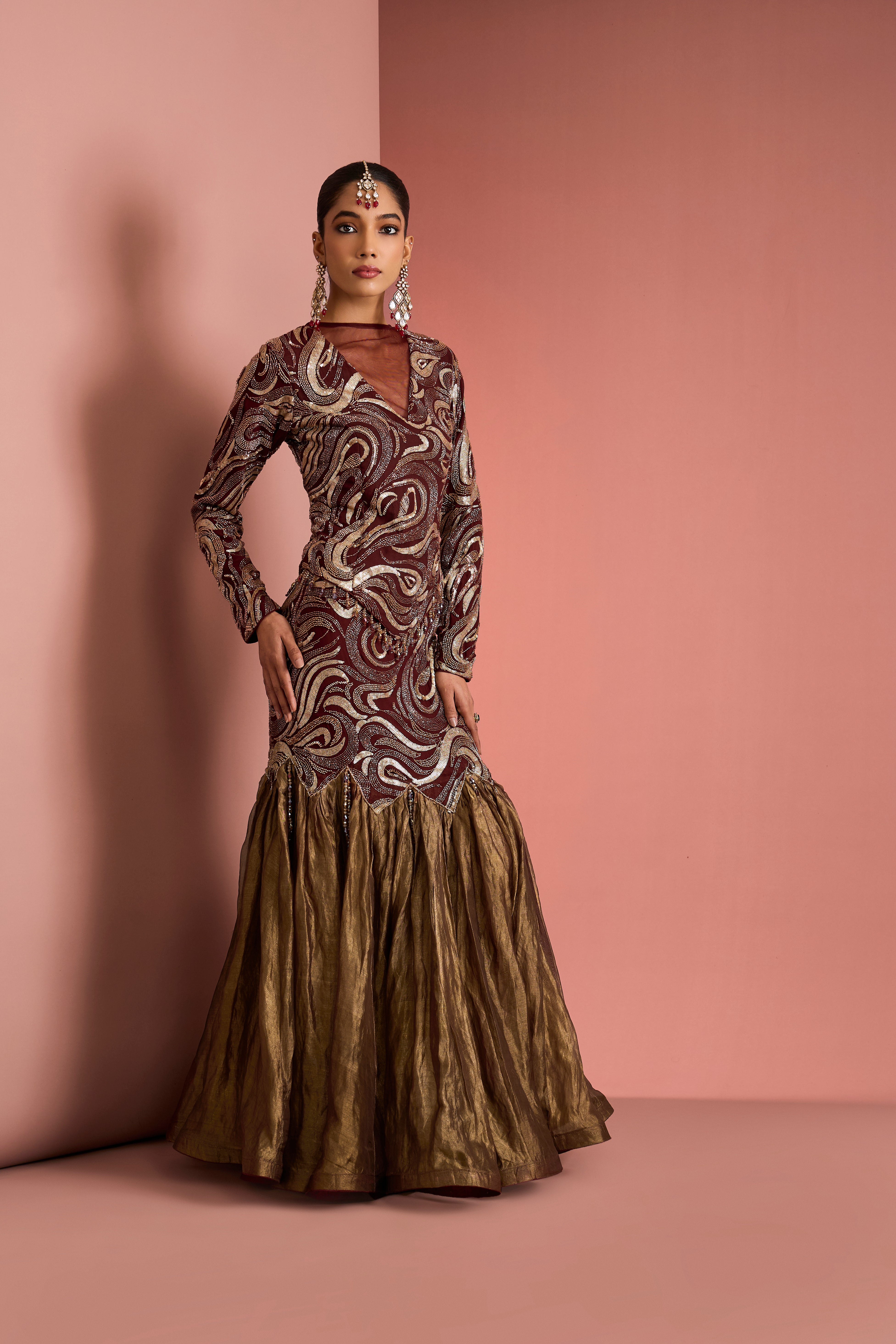 DARK BROWN PURE TISSUE FISH CUT SKIRT AND TOP