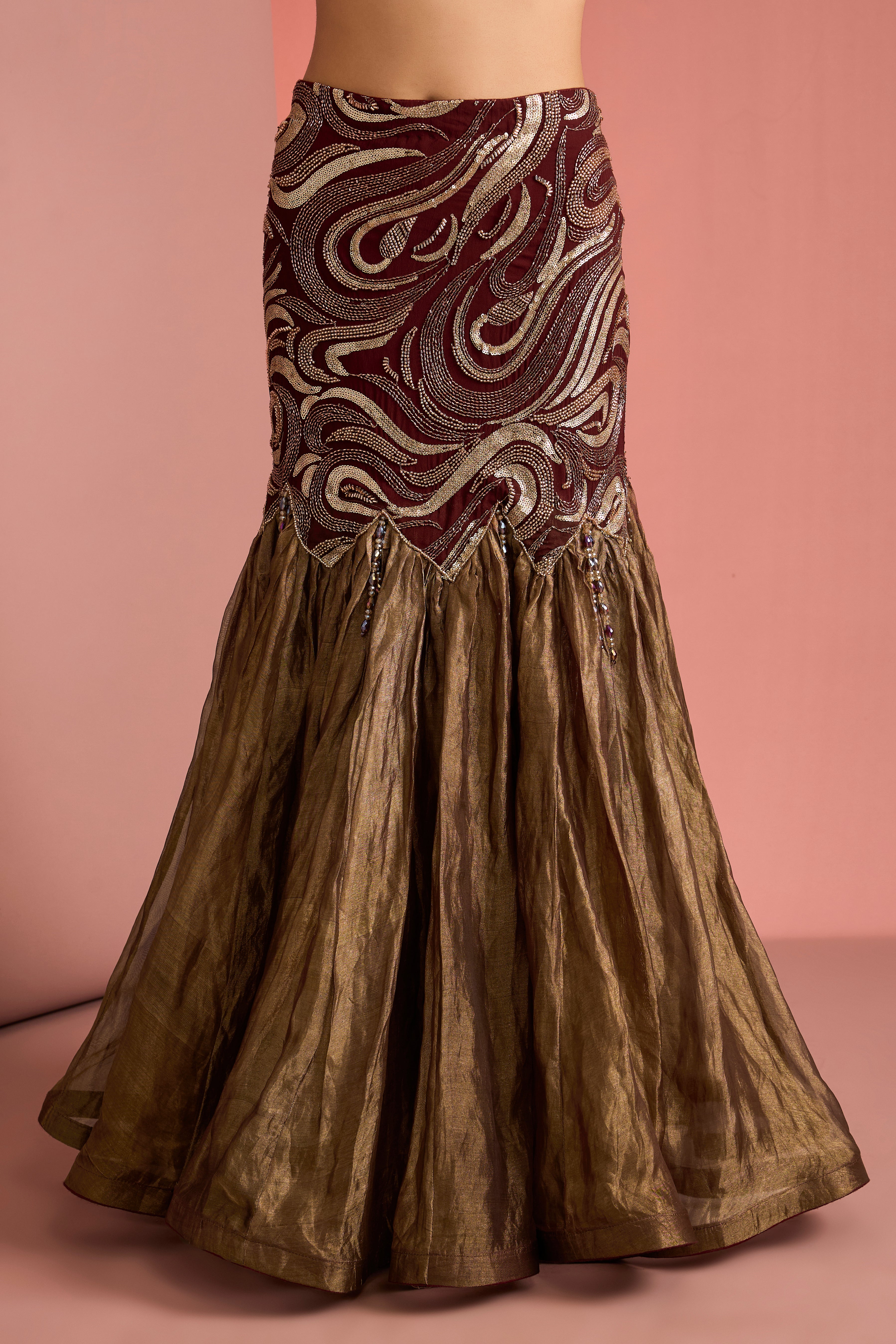 DARK BROWN PURE TISSUE FISH CUT SKIRT AND TOP