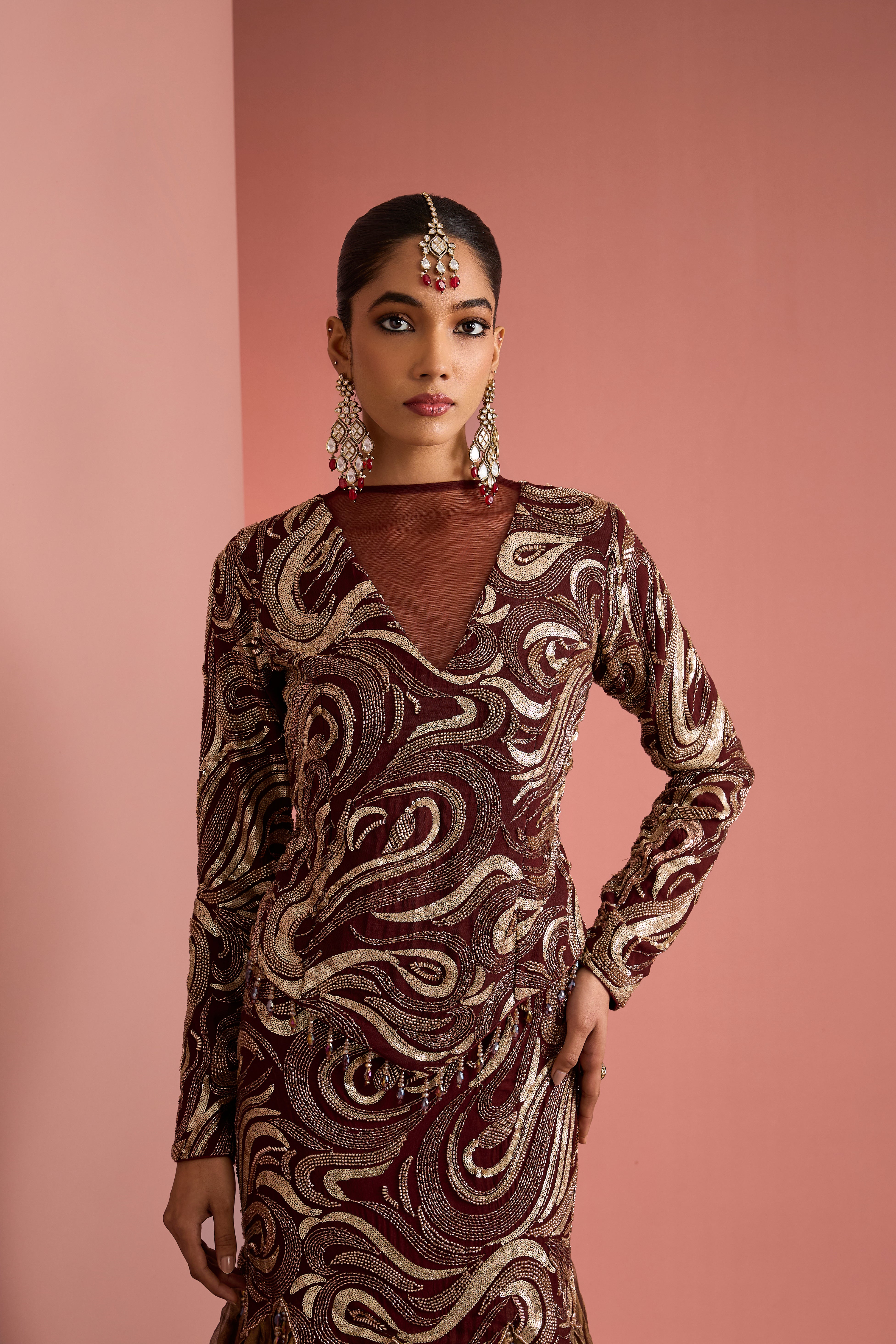 DARK BROWN PURE TISSUE FISH CUT SKIRT AND TOP