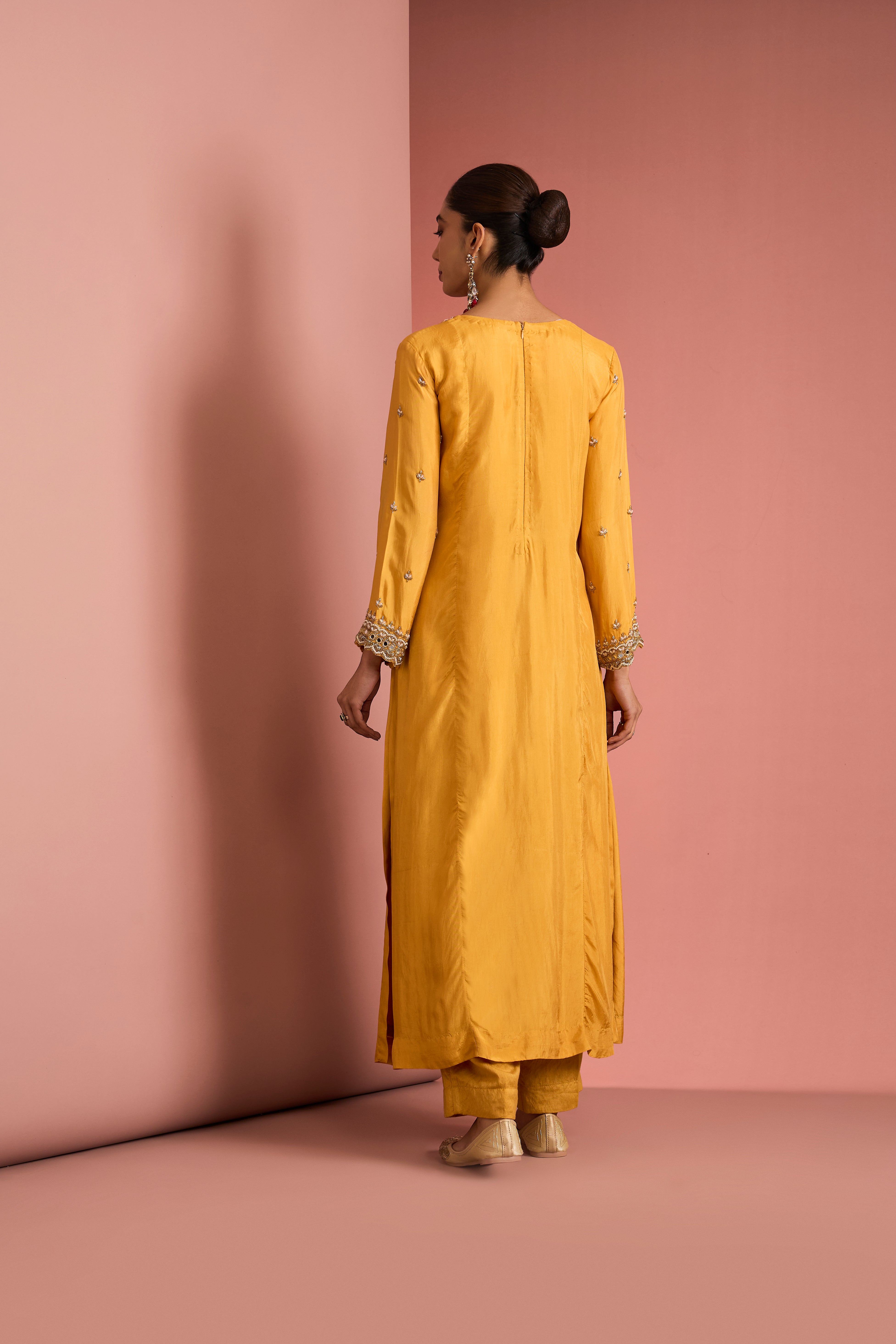 MUSTARD YELLOW  OPARA SILK KURTA SET WITH HAND EMBROIDERY