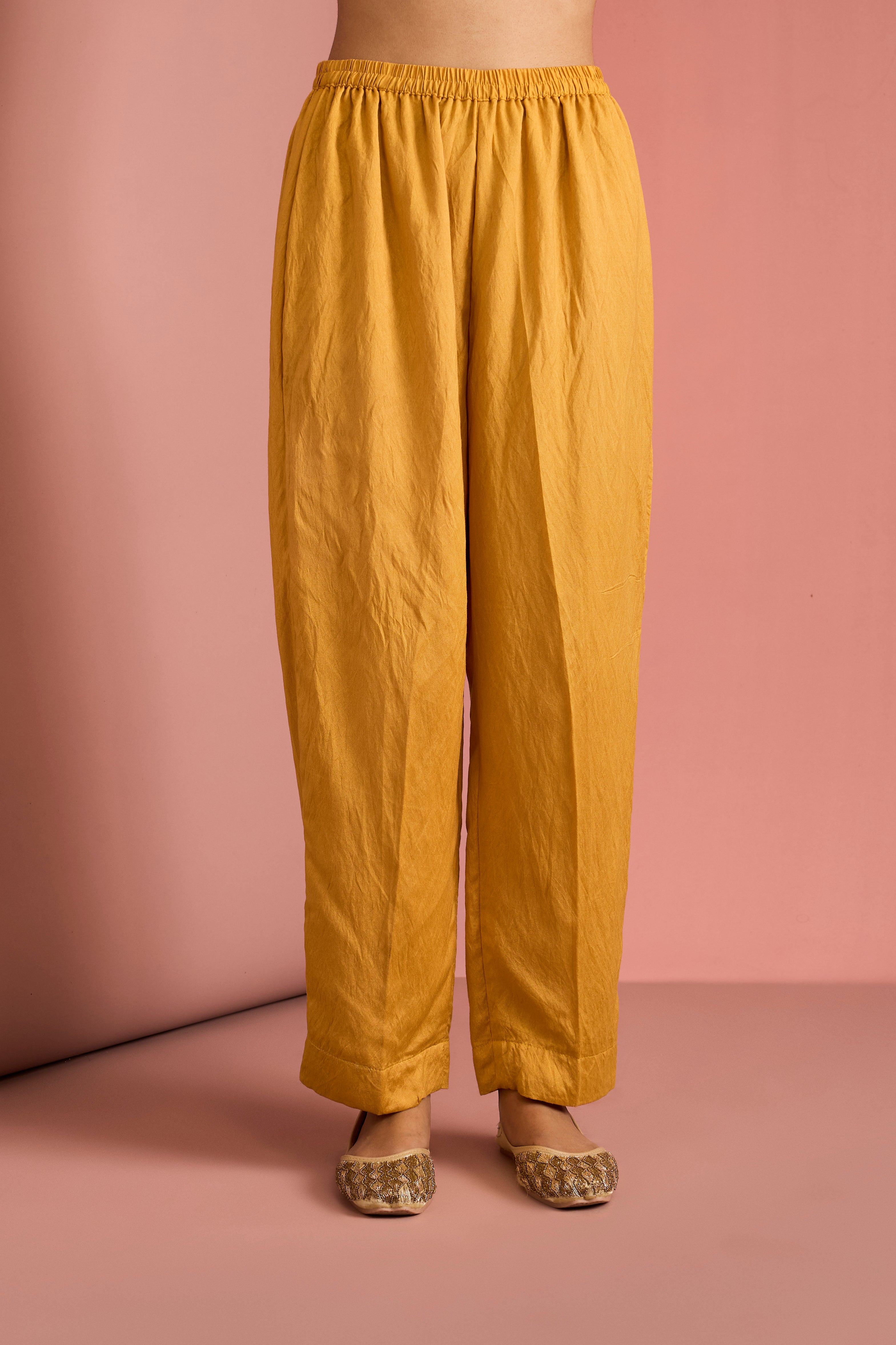 MUSTARD YELLOW  OPARA SILK KURTA SET WITH HAND EMBROIDERY