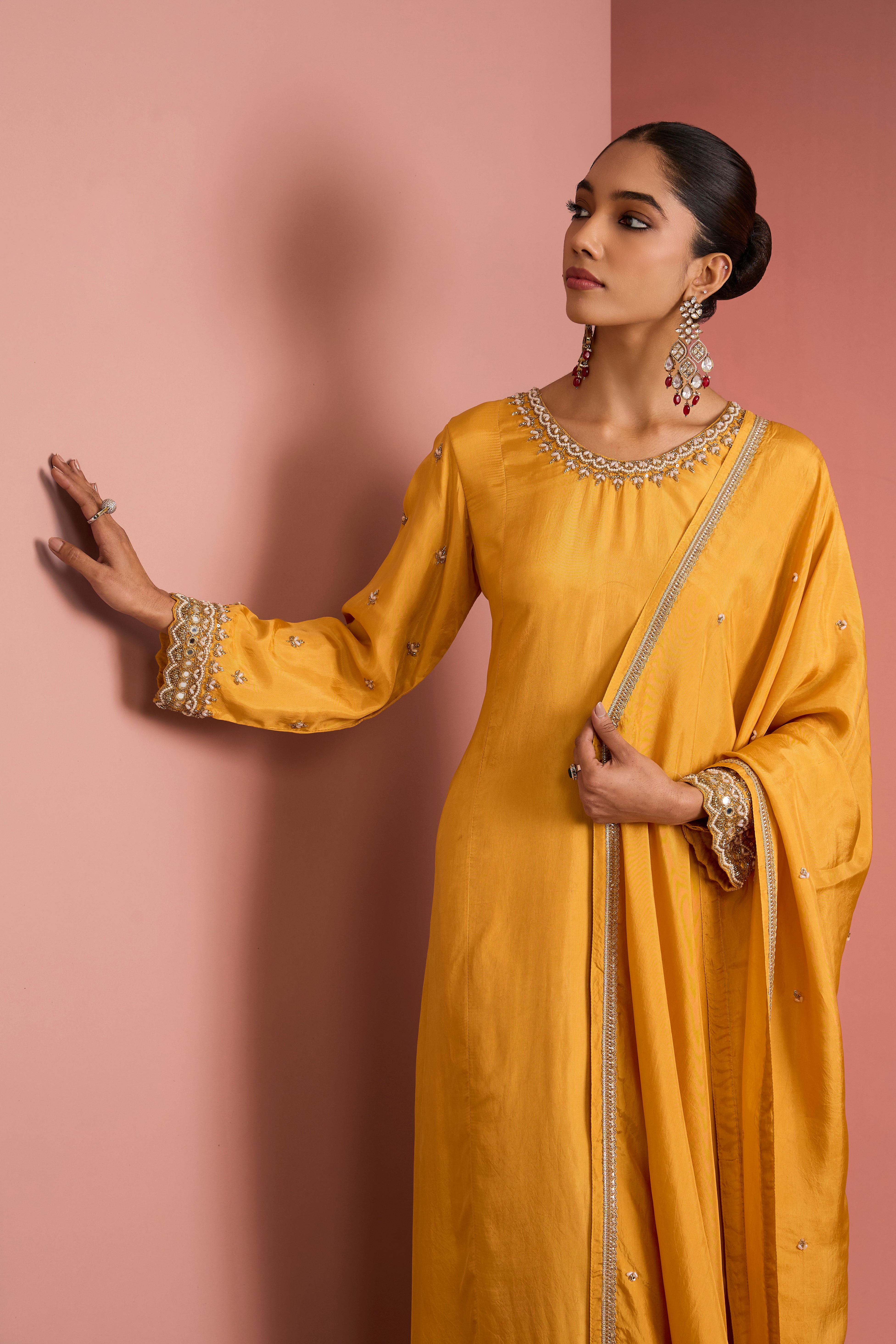 MUSTARD YELLOW  OPARA SILK KURTA SET WITH HAND EMBROIDERY