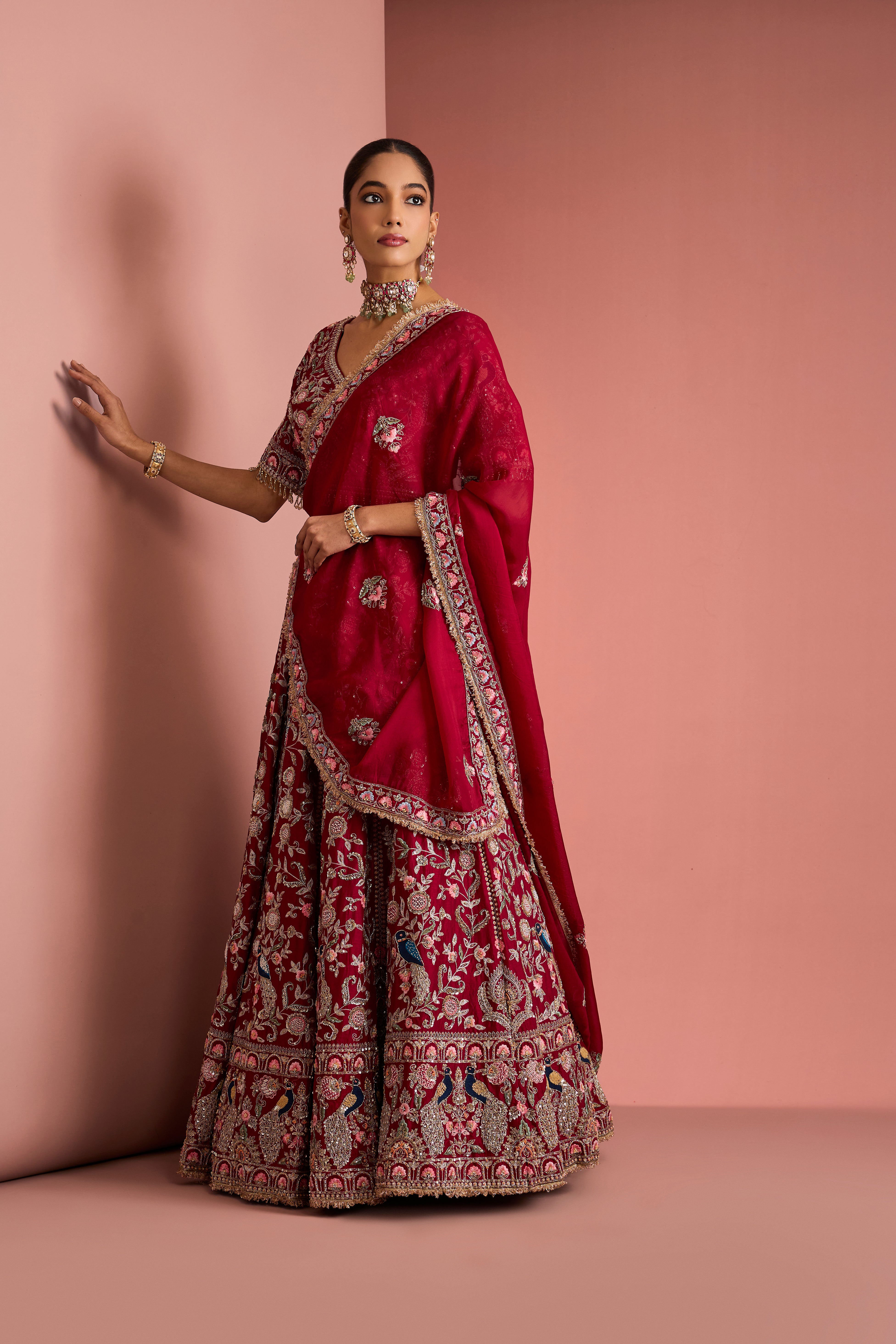 MAROON SILK HAND EMBROIDERED LEHENGA SET