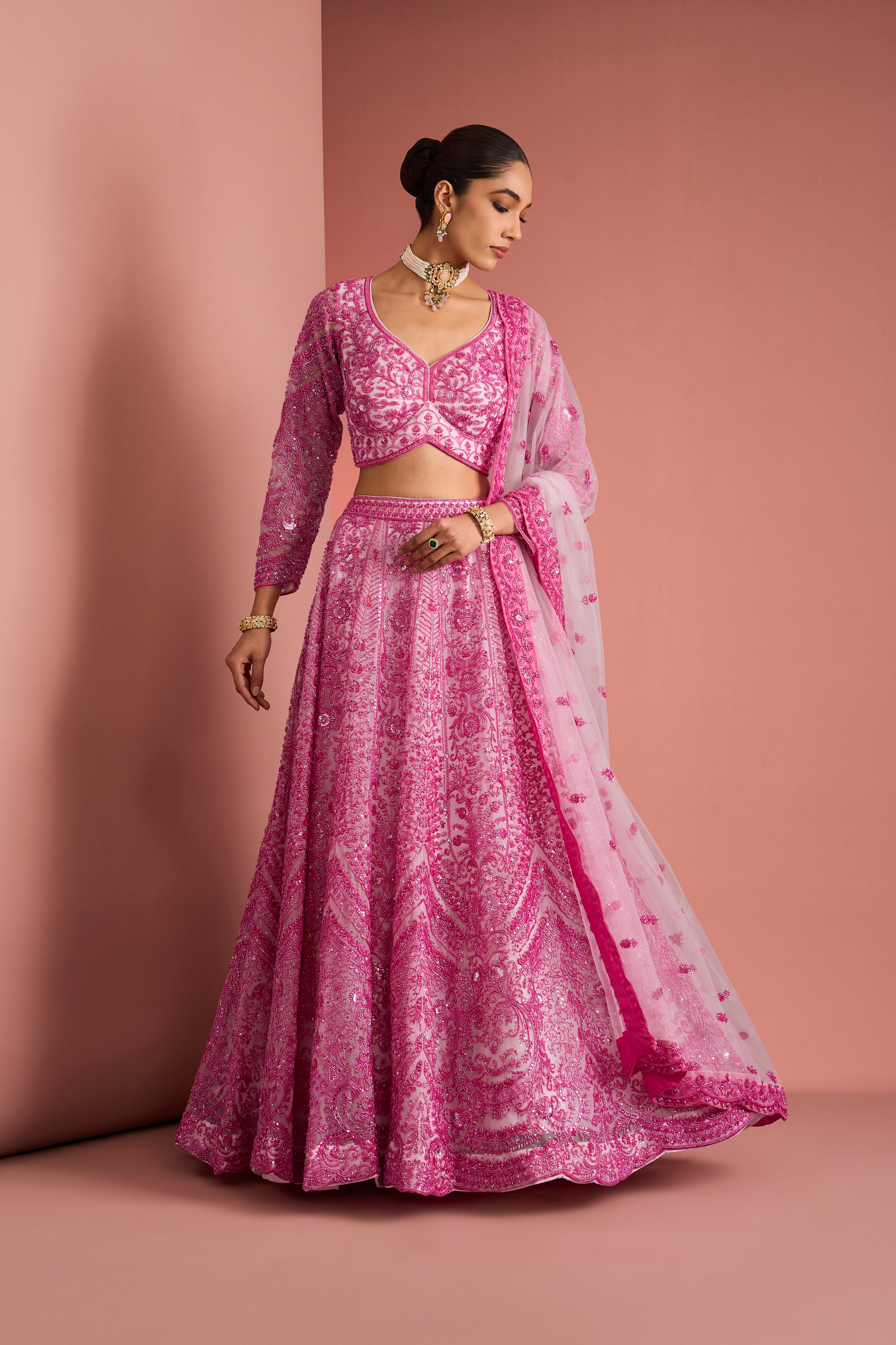 PINK NET CUTDANA WORK LEHENGA SET