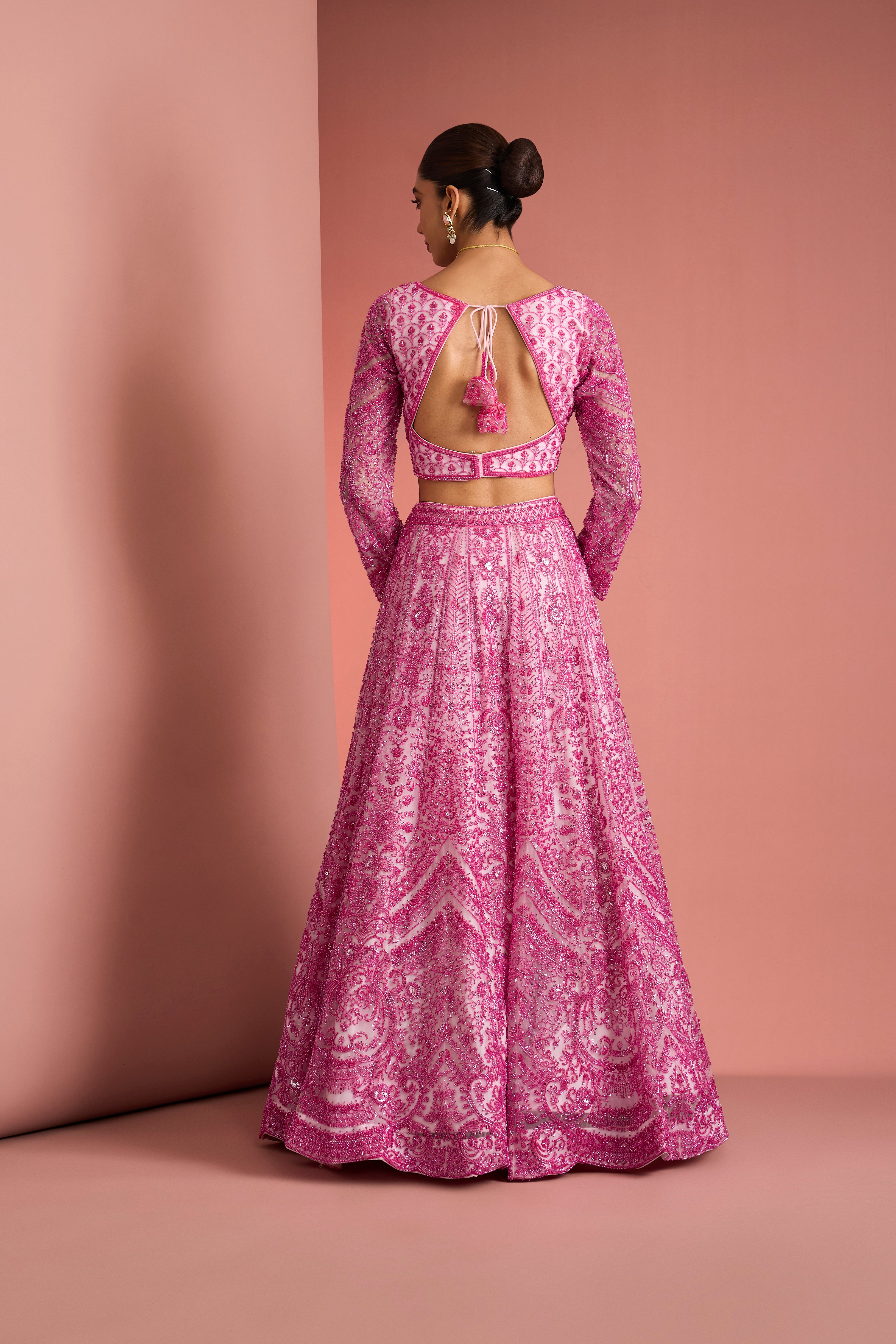PINK NET CUTDANA WORK LEHENGA SET