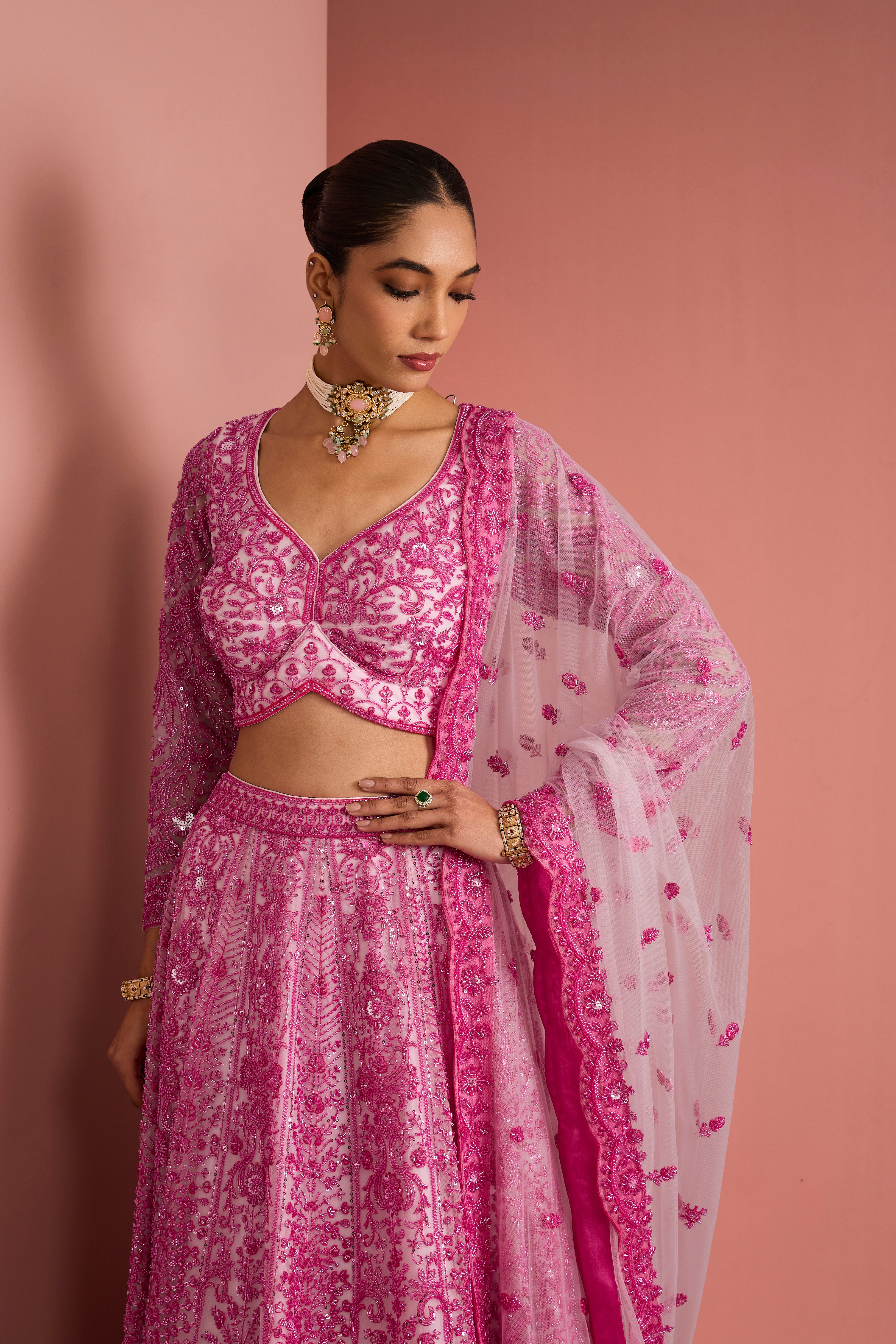 PINK NET CUTDANA WORK LEHENGA SET