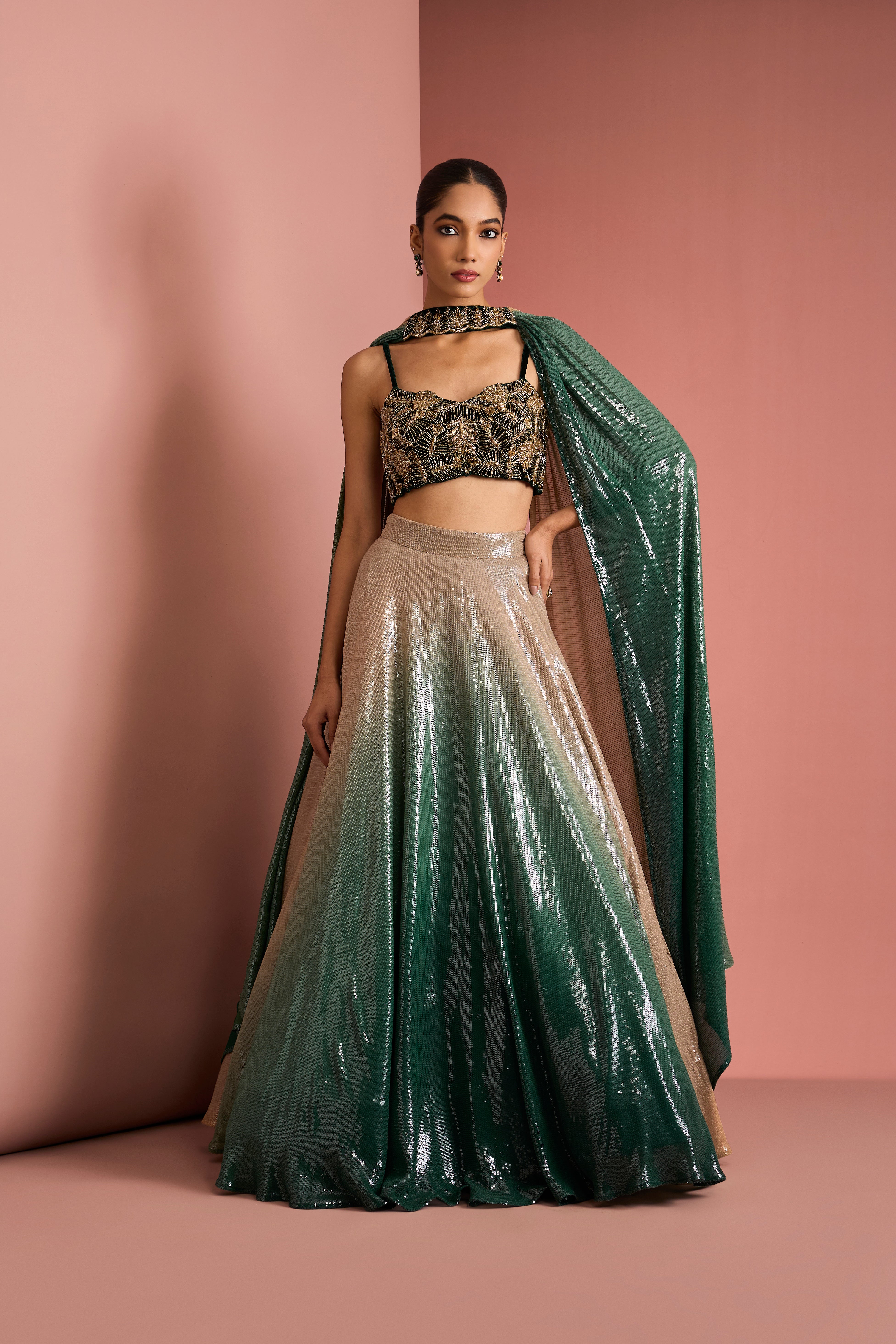 DARK GREEN SEQUINS SHEETING OMBRE LEHENGA SET