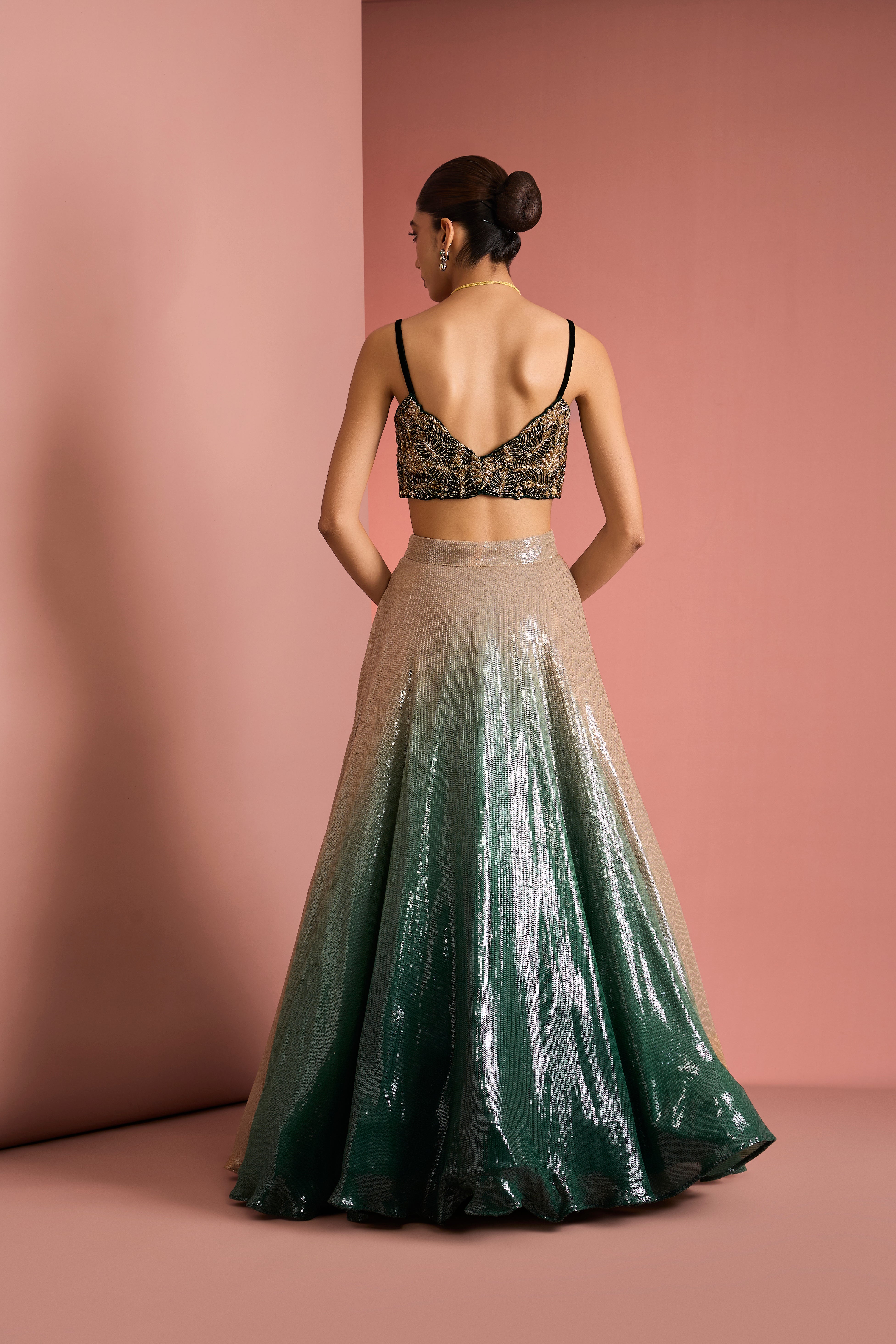 DARK GREEN SEQUINS SHEETING OMBRE LEHENGA SET