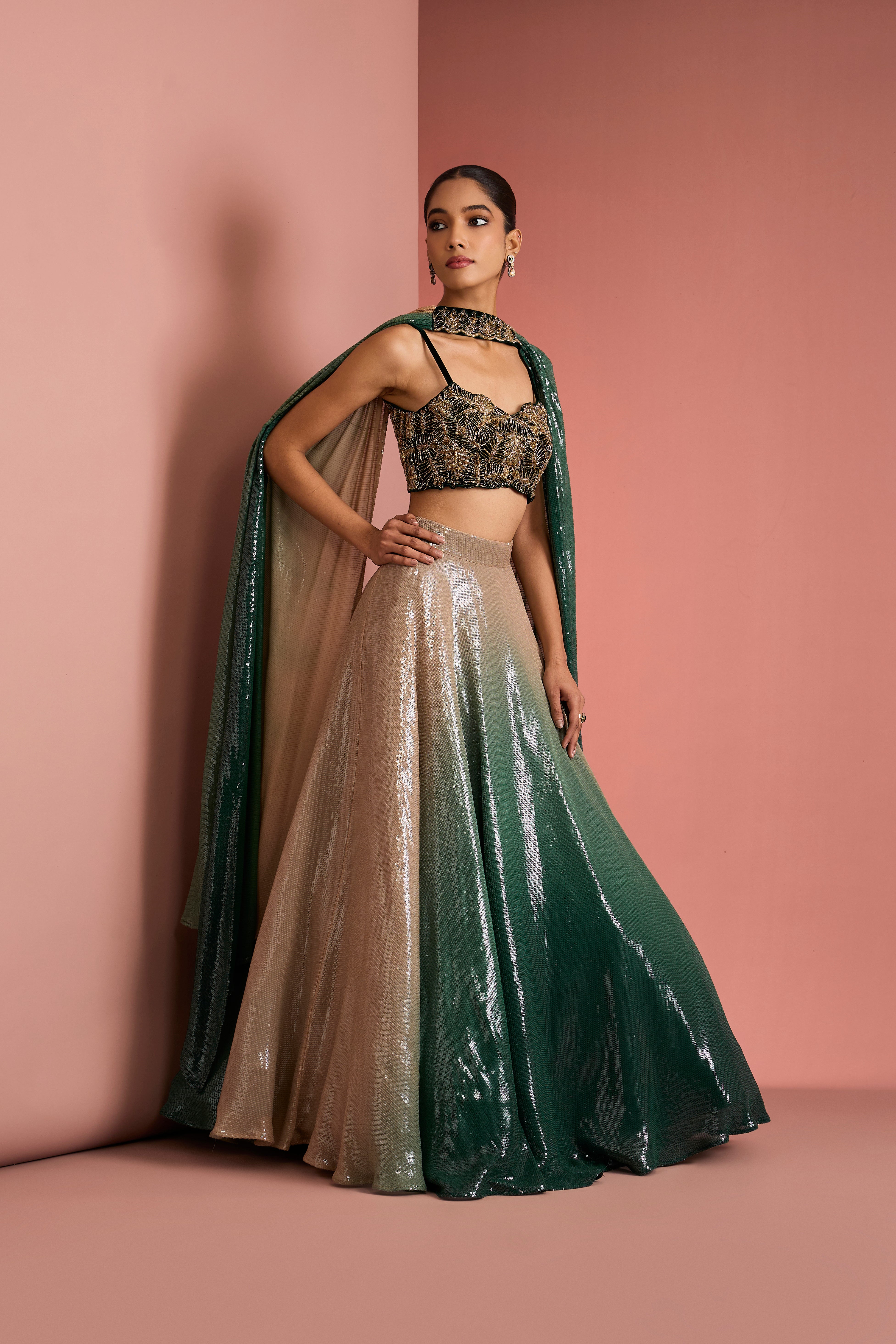 DARK GREEN SEQUINS SHEETING OMBRE LEHENGA SET