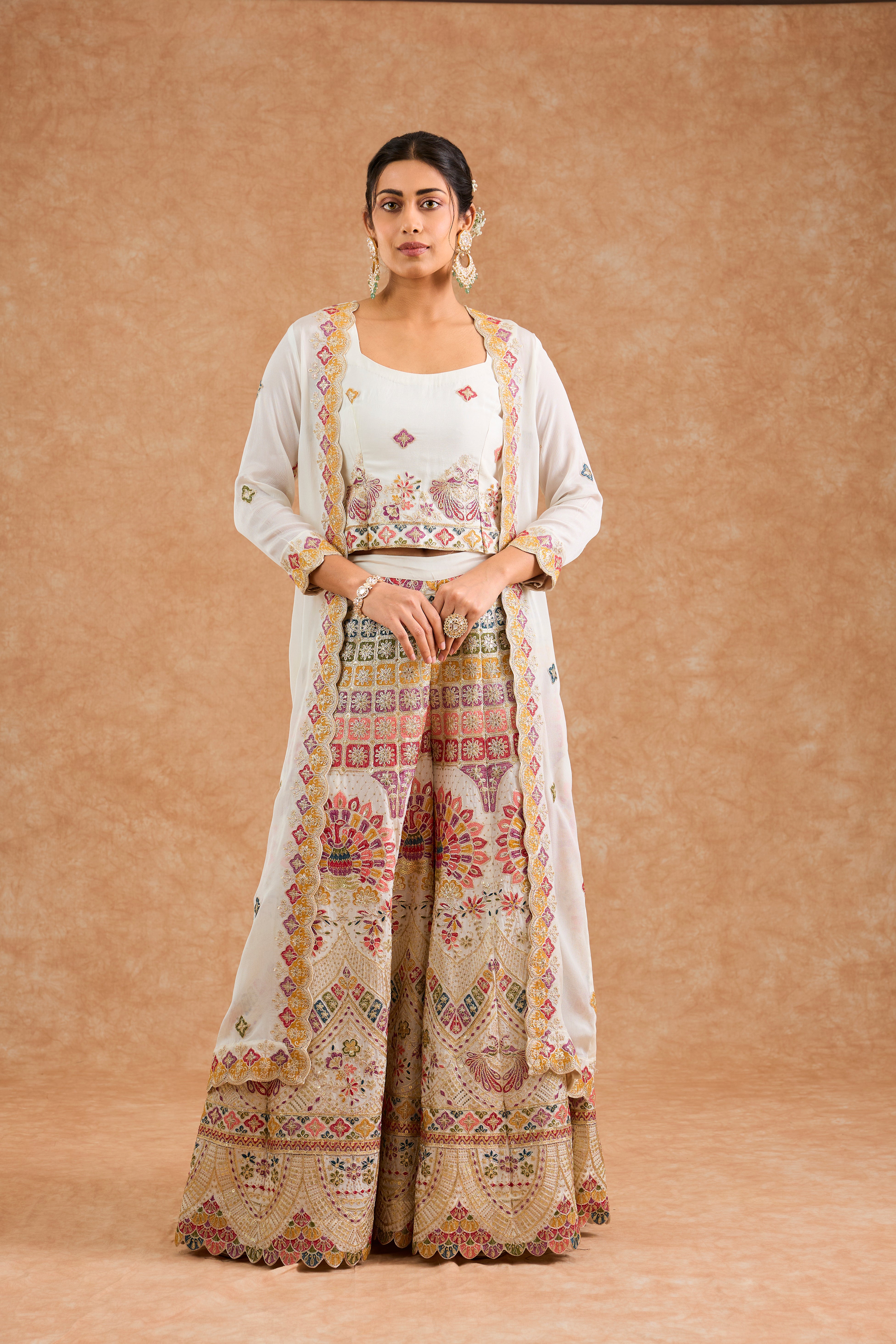 Off White Chinon Multocolored Thread Work Cape Sharara Set