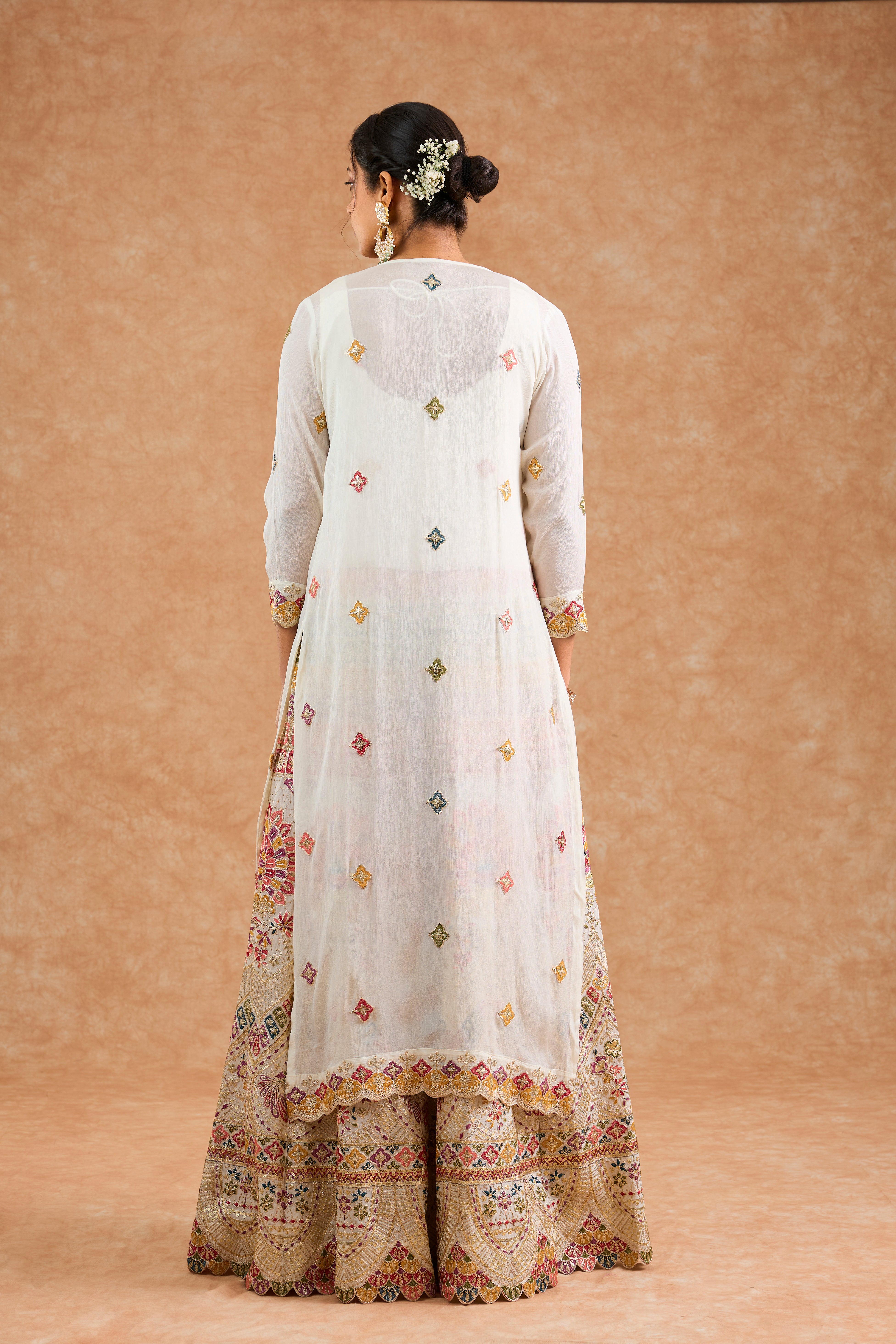 Off White Chinon Multocolored Thread Work Cape Sharara Set