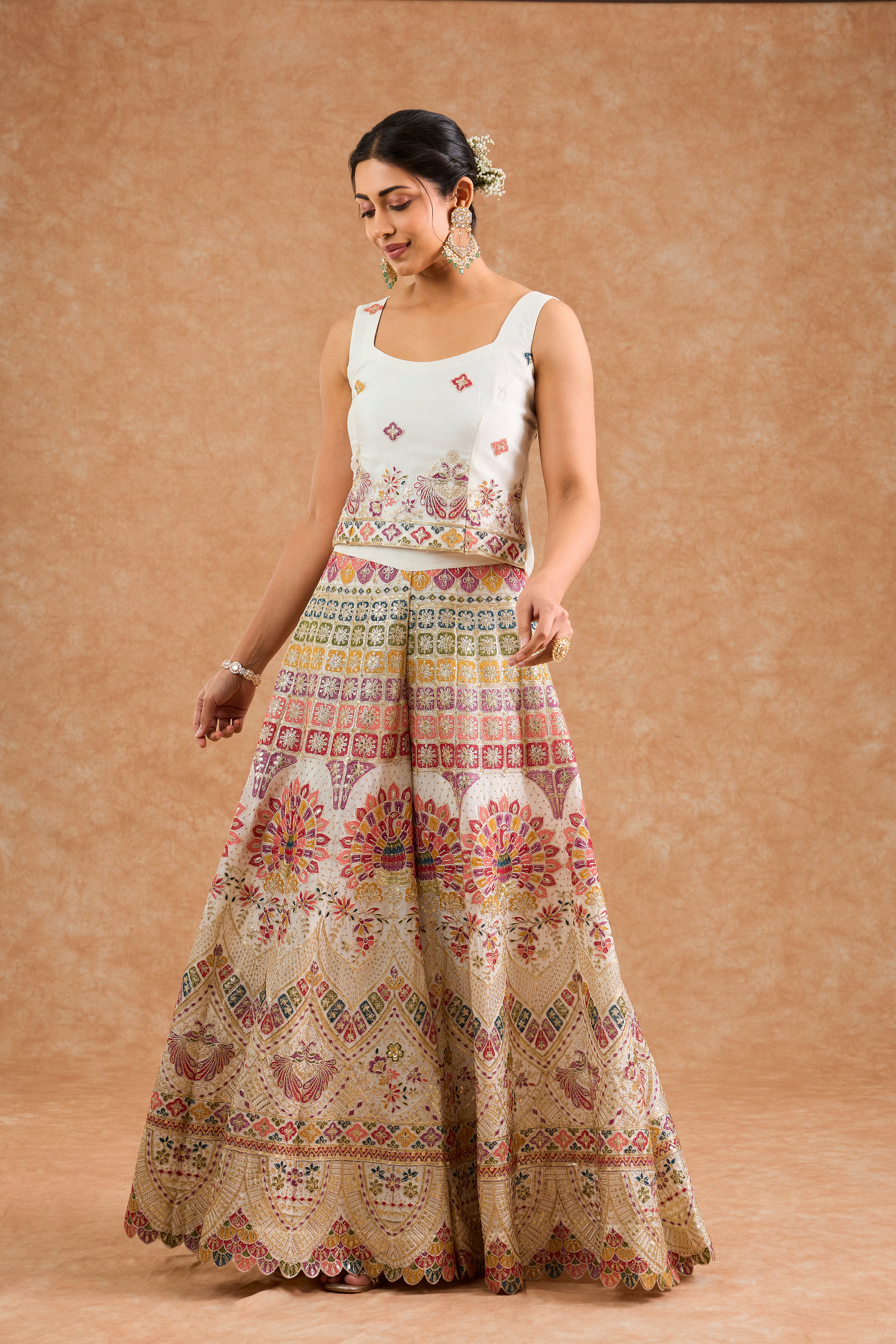 Off White Chinon Multocolored Thread Work Cape Sharara Set