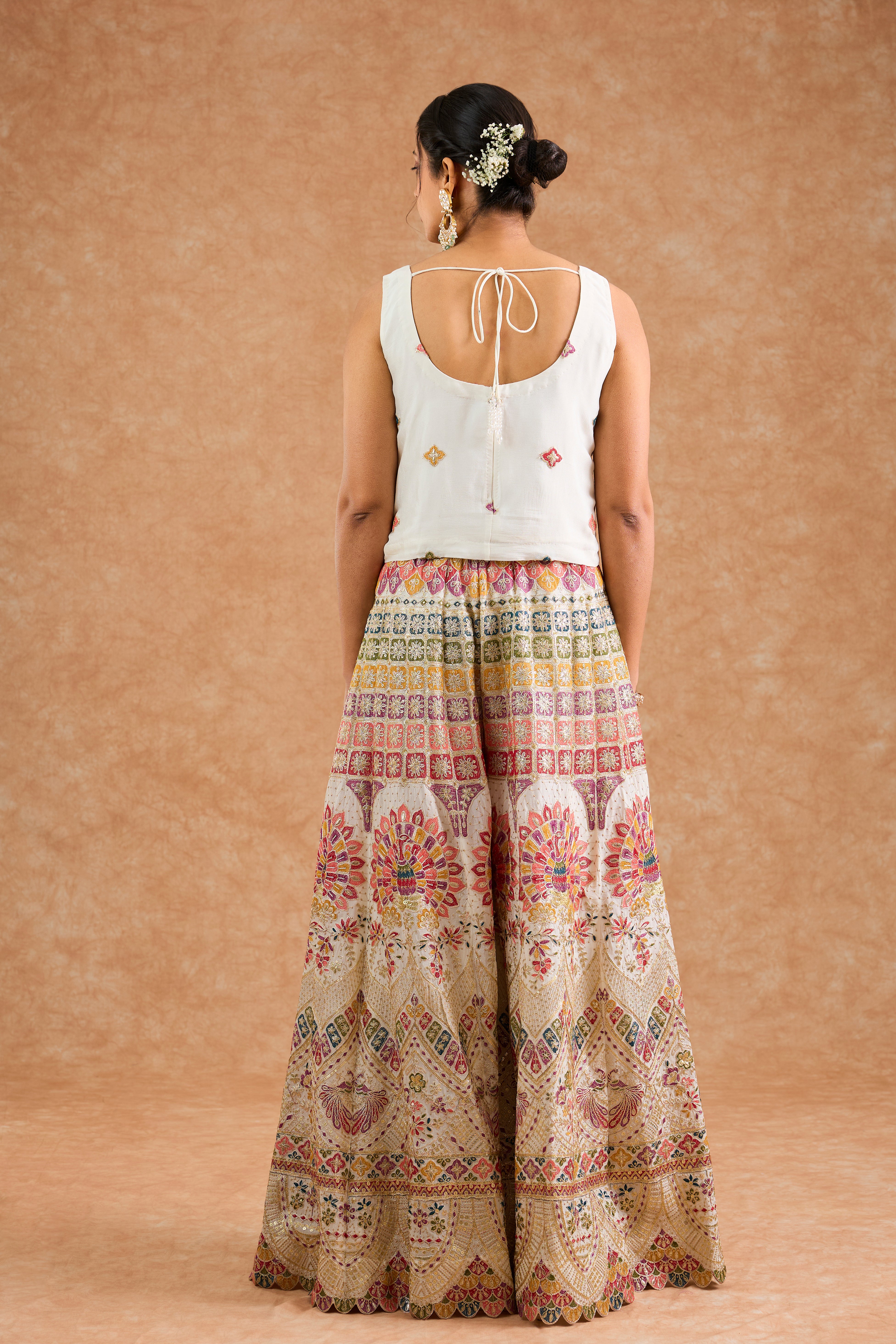 Off White Chinon Multocolored Thread Work Cape Sharara Set