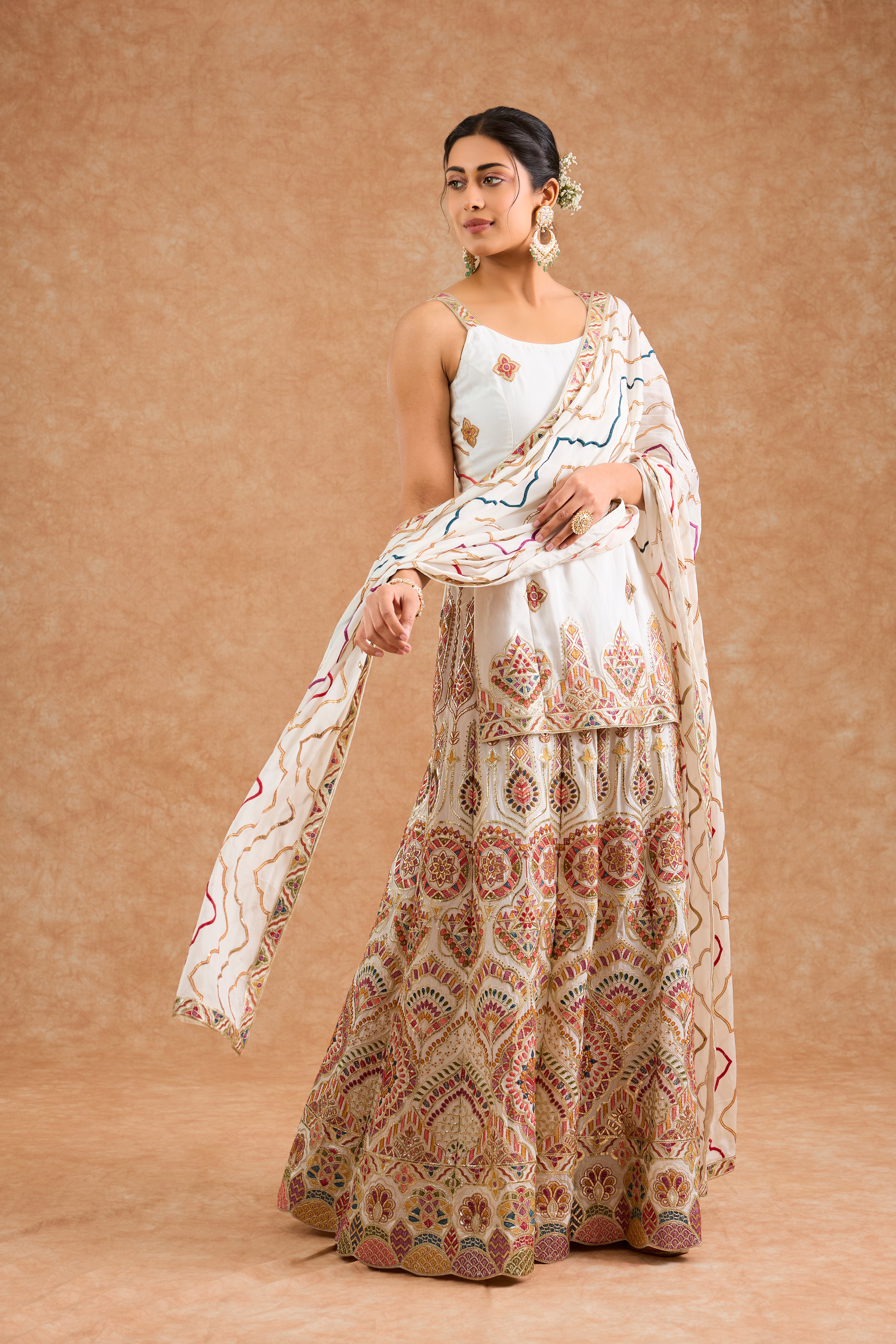 Off White Chinon Multocolored Thread Work  Sharara Set