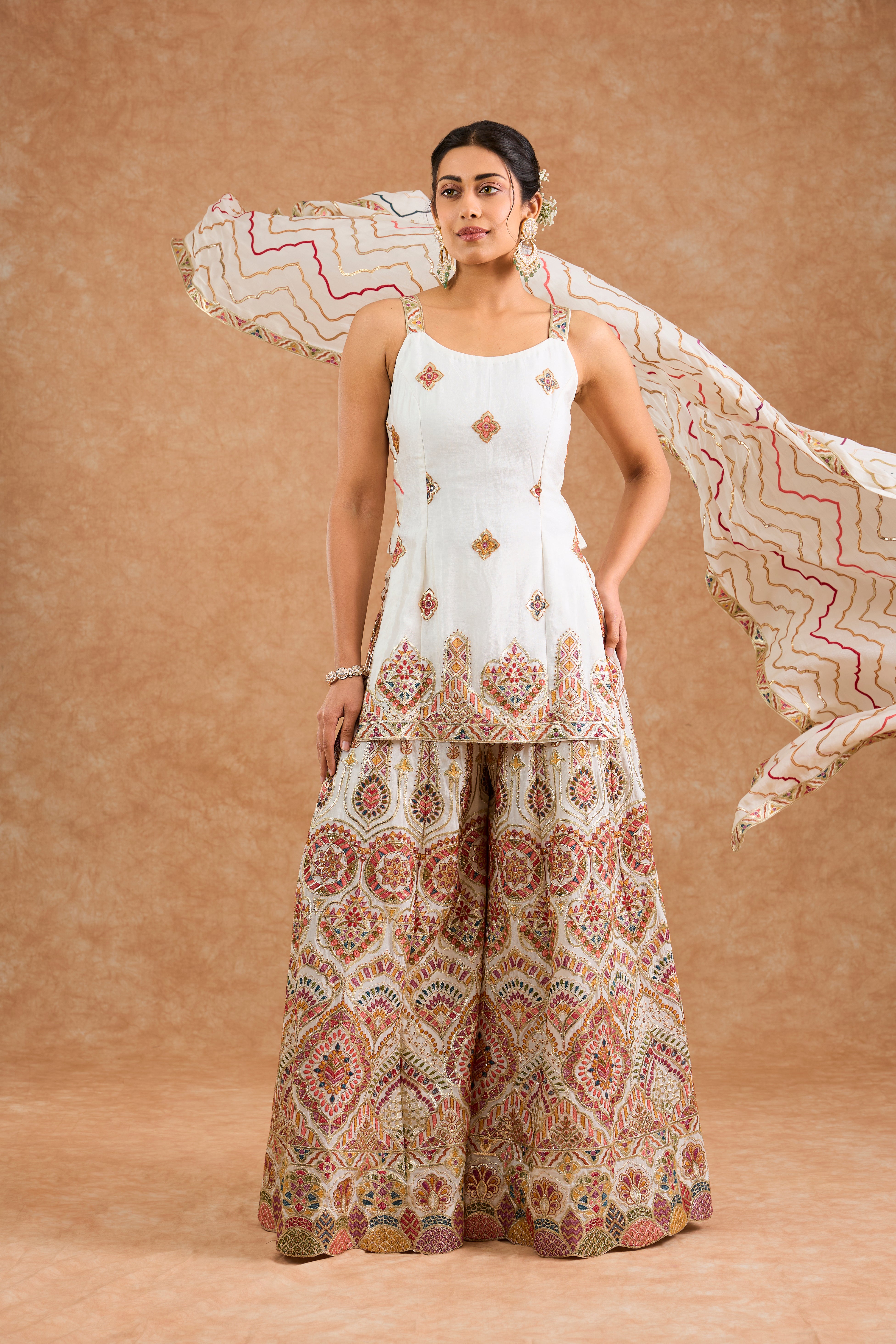 Off White Chinon Multocolored Thread Work  Sharara Set