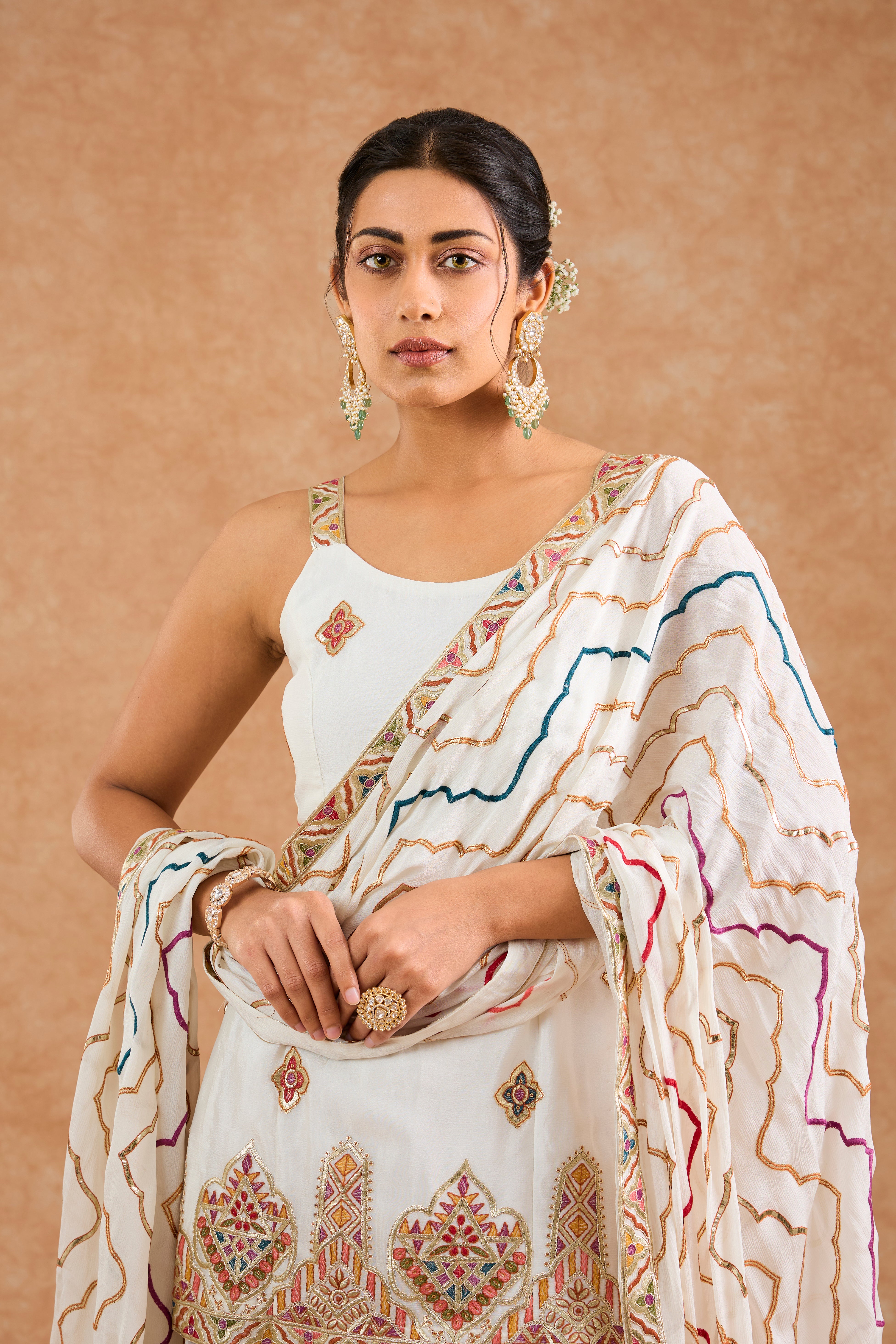 Off White Chinon Multocolored Thread Work  Sharara Set