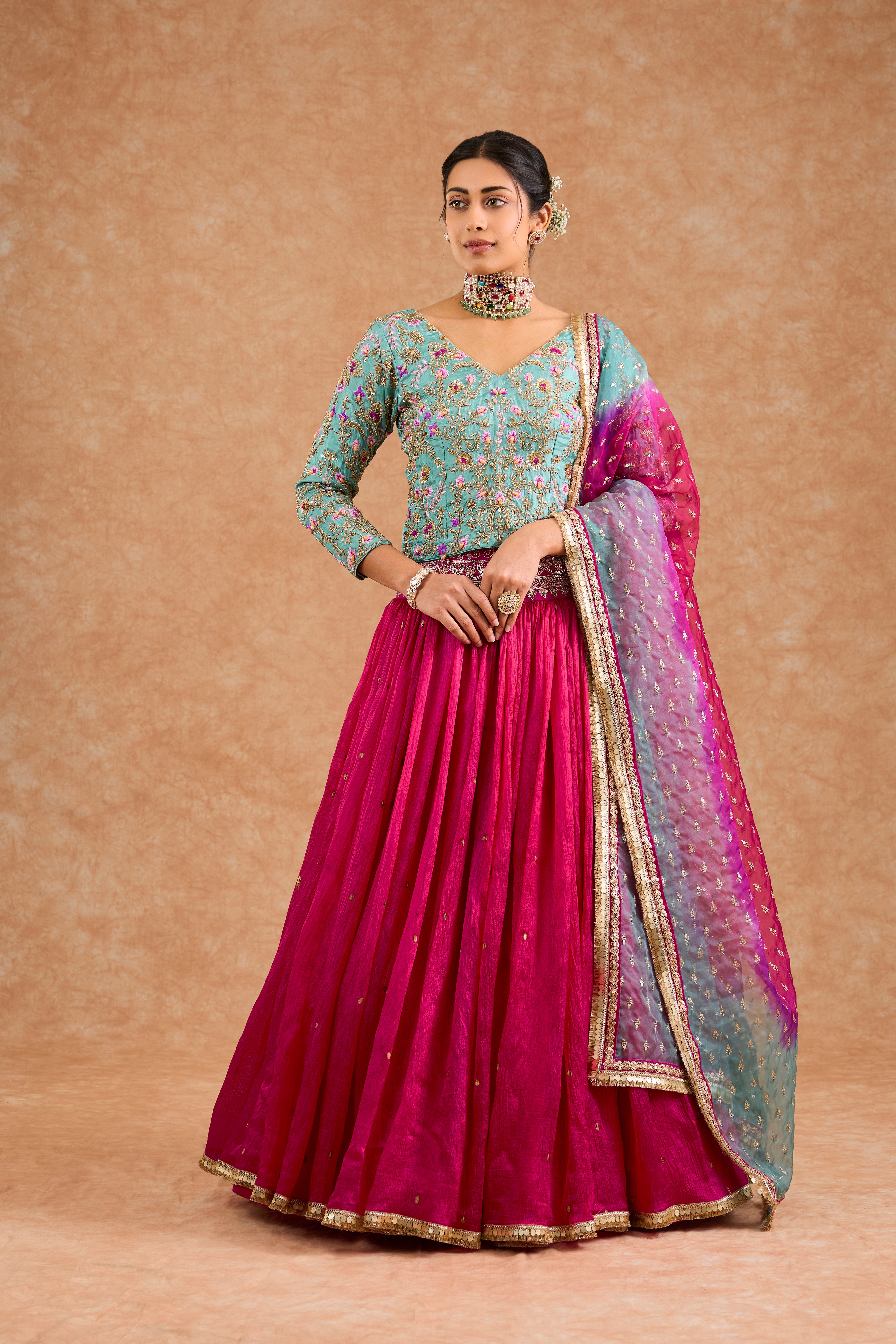 Hot Pink And Teal Viscose Silk Hand Embroidered Lehenga Set