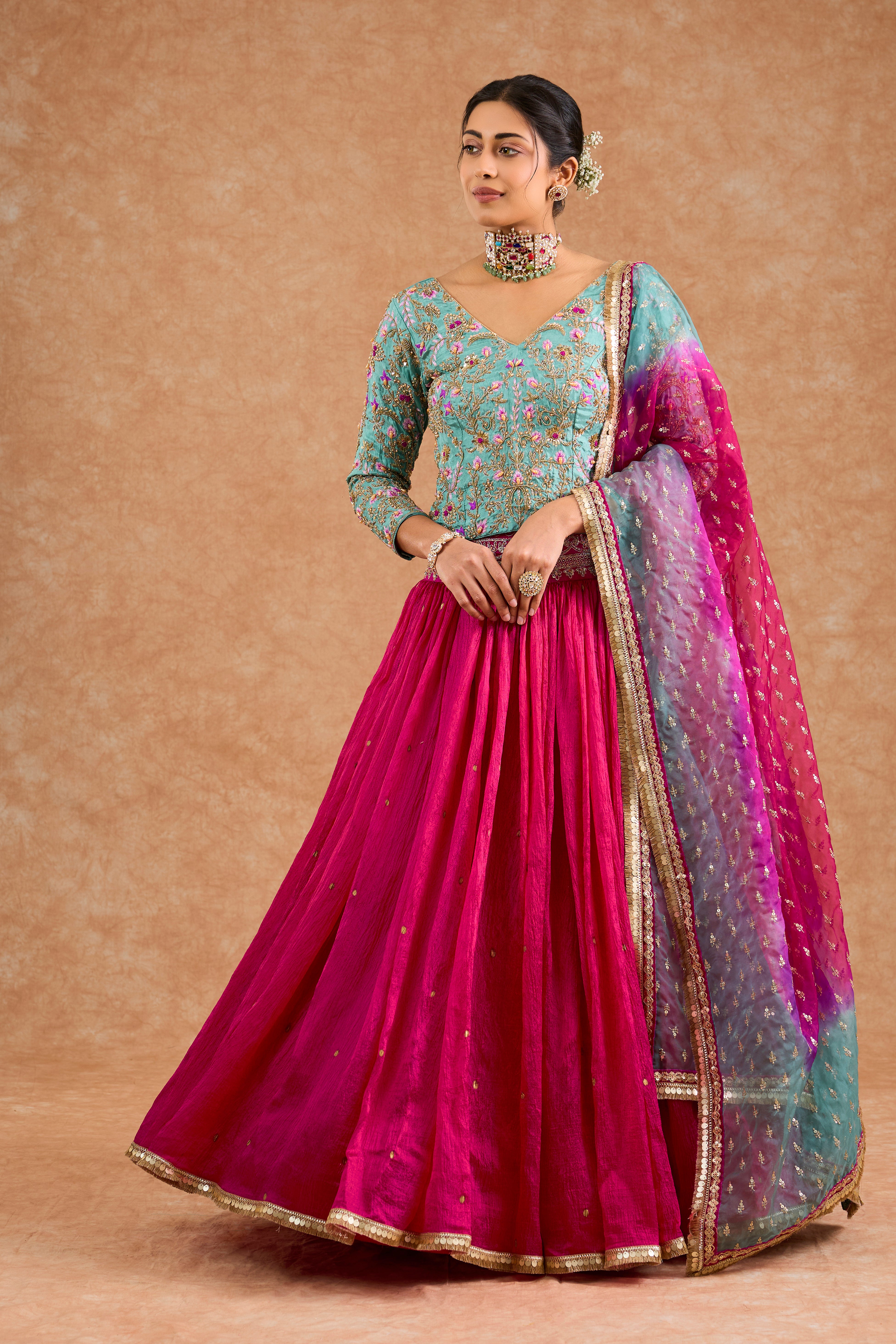 Hot Pink And Teal Viscose Silk Hand Embroidered Lehenga Set